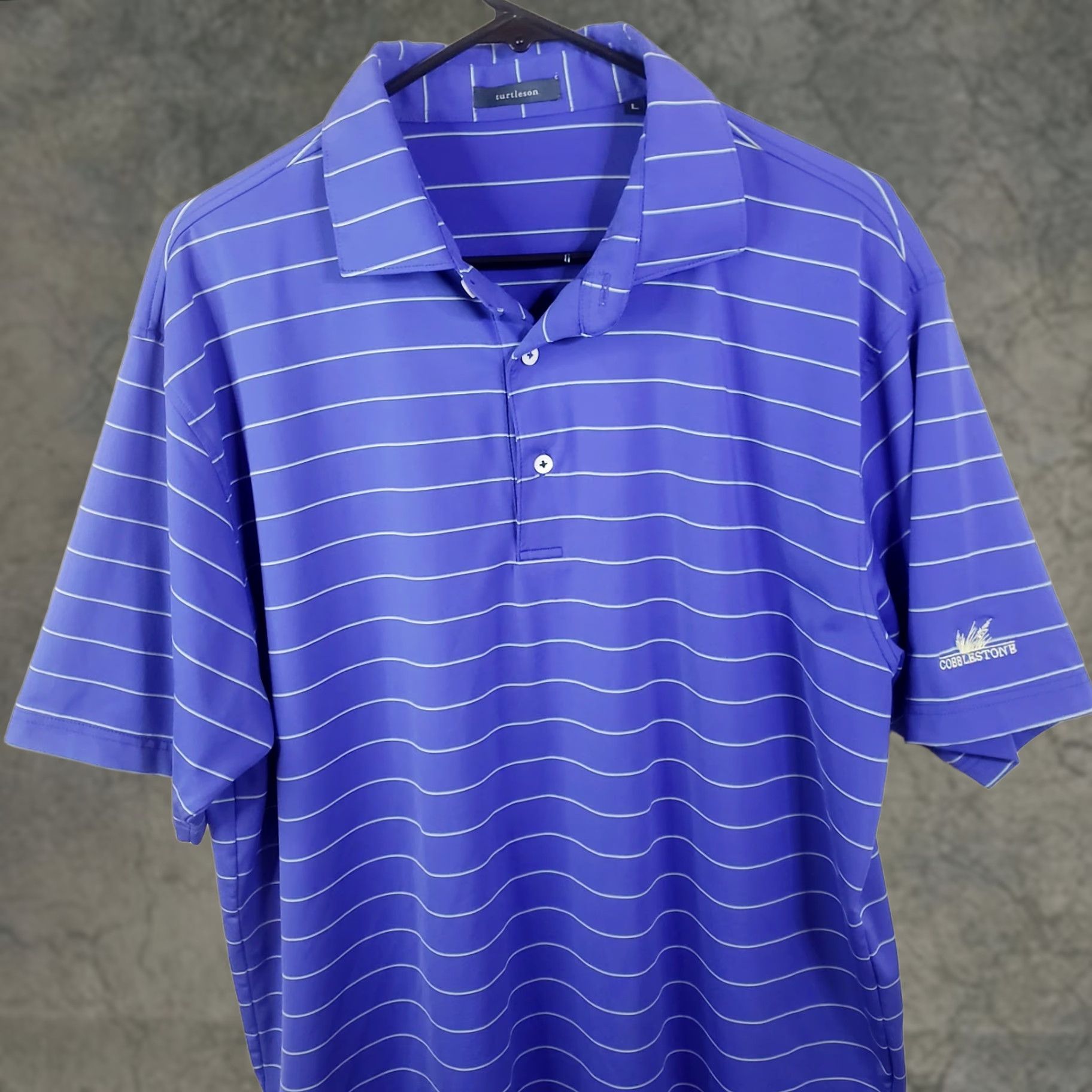 Vintage Turtleson Polo Shirt Mens Large Striped Purple Cobblestone Logo Golf Performance Short Sleeve Size US L / EU 52-54 / 3 - 1 Thumbnail