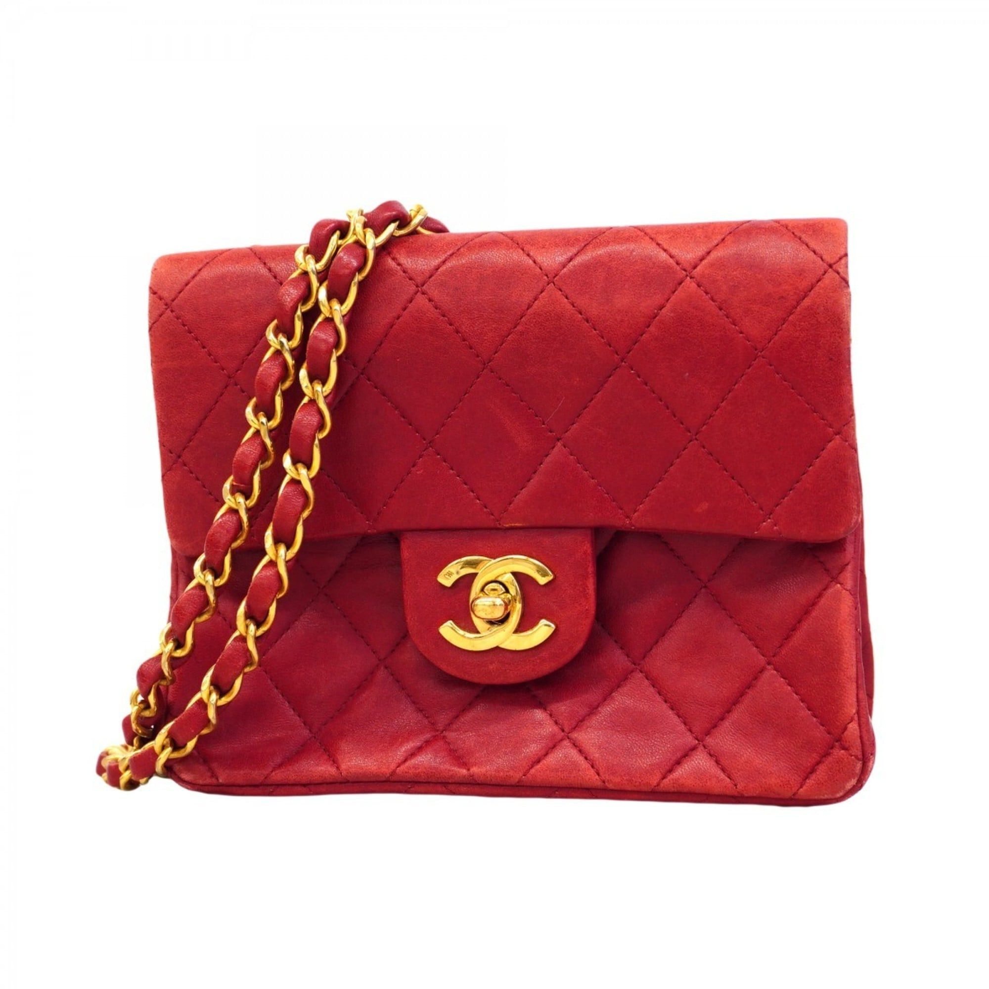 Chanel Mini Matelasse Shoulder Bag With Chain Bag, Lambskin, Red, Women's