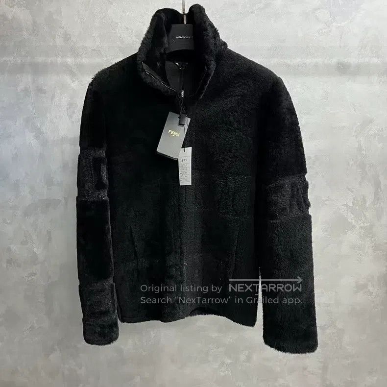 Fendi Black Embossed Leather Fur Collar Zip-Up Jacket