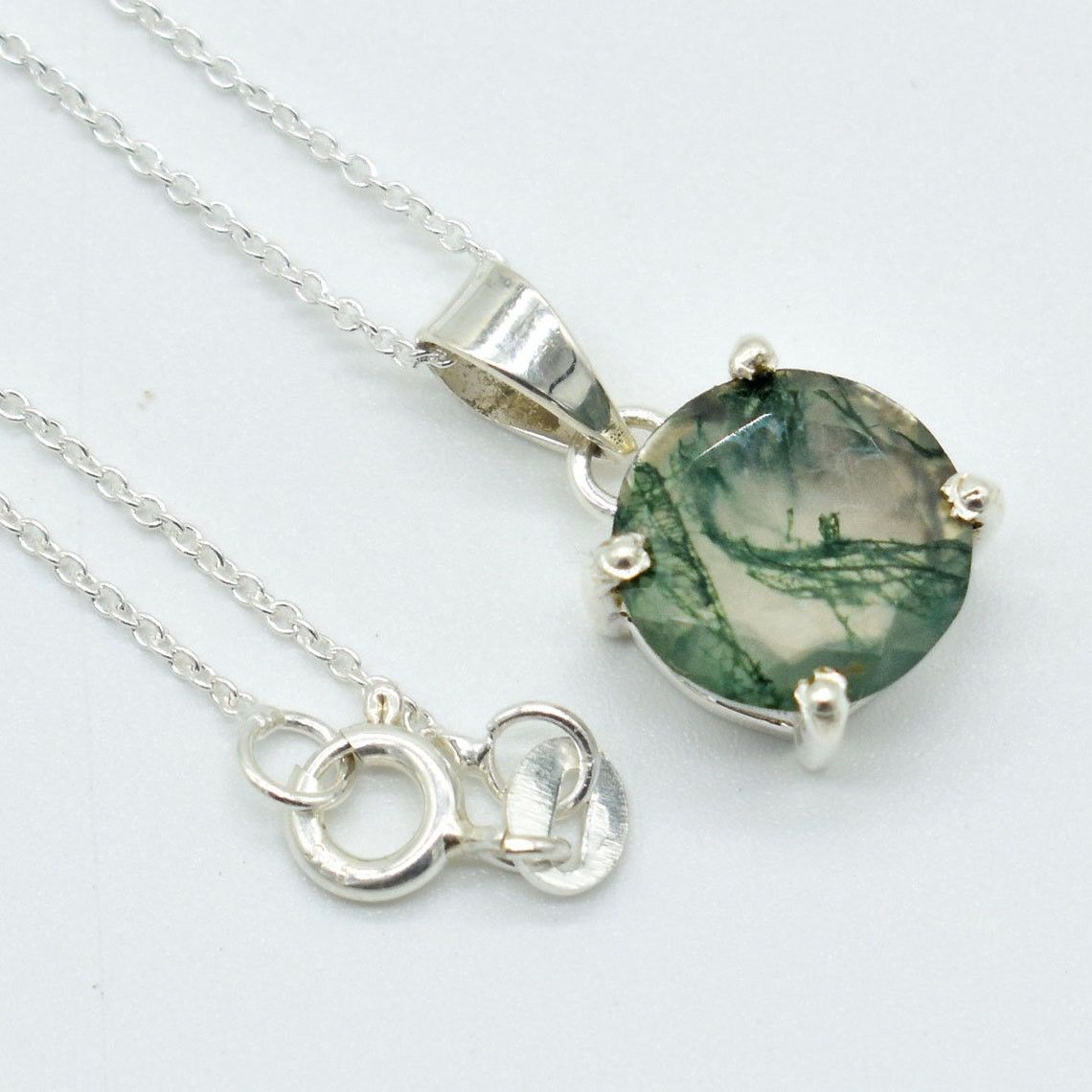 Handmade Moss Agate 925 Sterling Silver Pendant Necklace - 11mm Round Size ONE SIZE - 4 Thumbnail