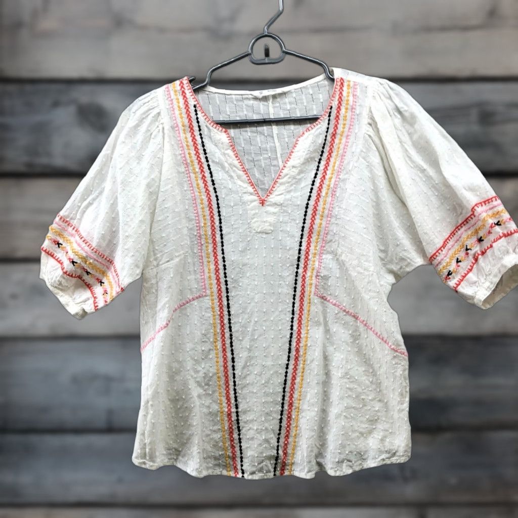 Vintage VINTAGE ACOS&A Women’s Cotton Embroidered Boho Blouse S Ivory V-Neck Short Sleeve Pullover Summer Beach Festival Size S / US 4 / IT 40 - 1 Thumbnail