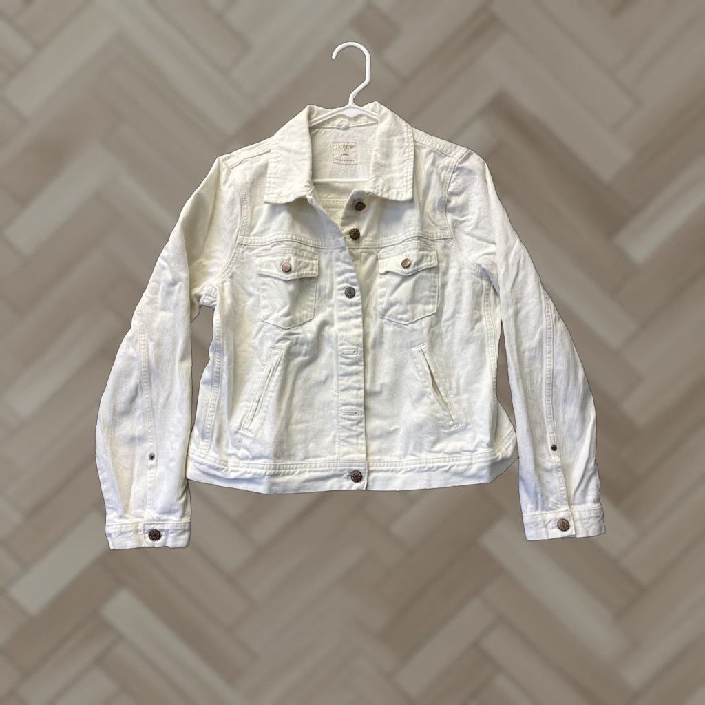 Denime J Crew Motorcycle Jacket Womens Large Beige Denim Casual Button Pockets Regular Fit Size L / US 10 / IT 46 - 1 Thumbnail