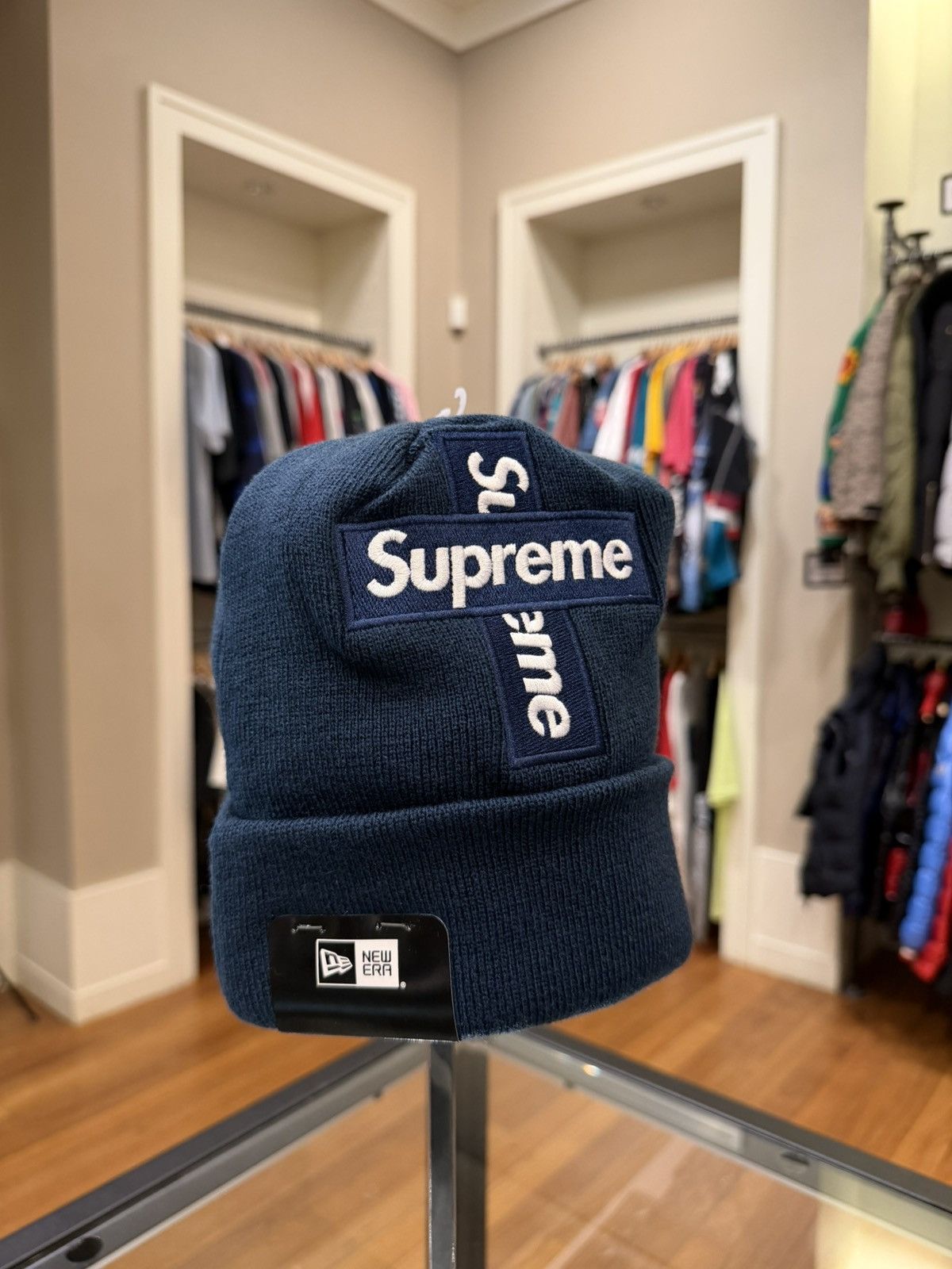 New Era × Supreme Supreme new era metallic logo beanie navy | Grailed