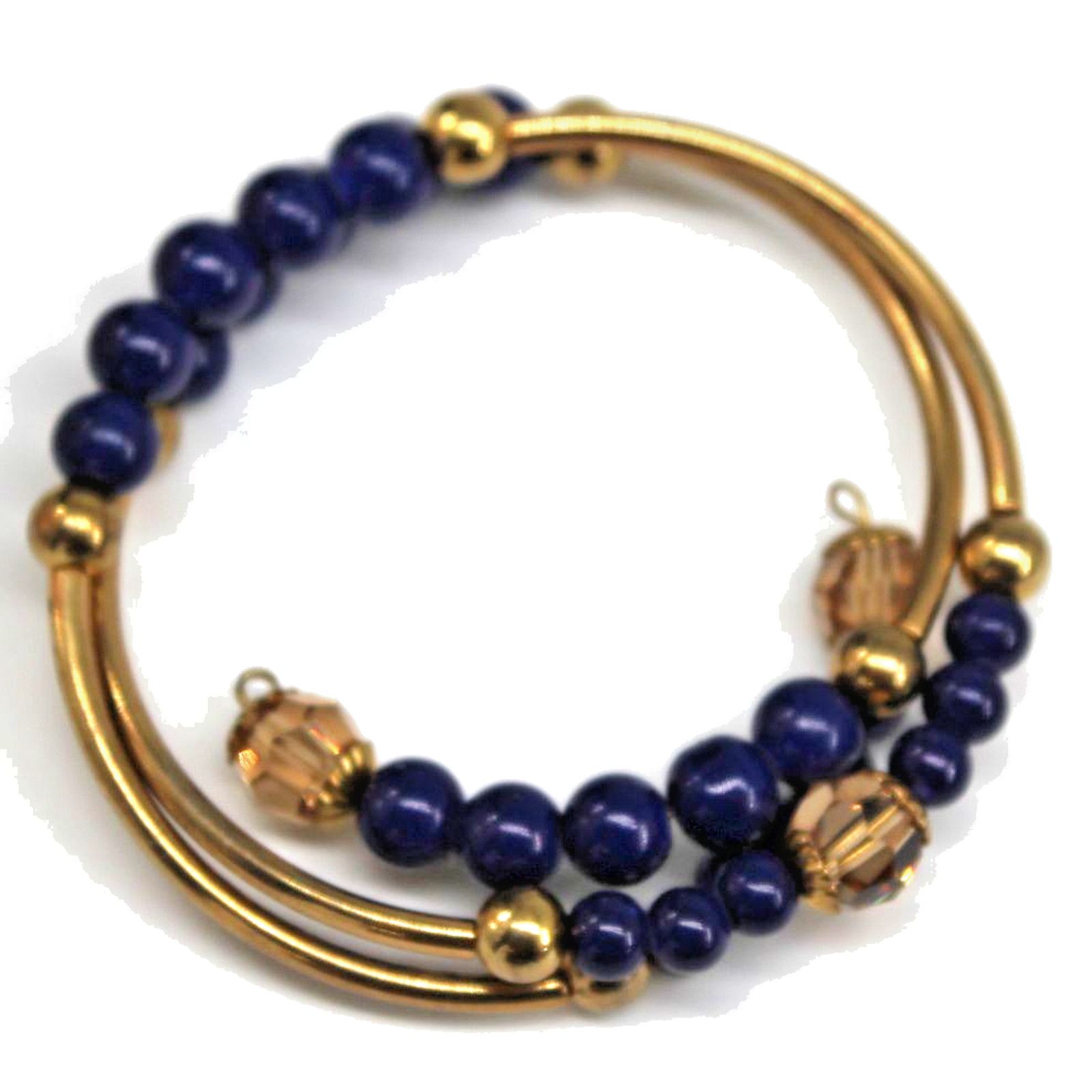 Other Vintage Blue Bead Gold Tone Metal Wrap Around Bracelet Size ONE SIZE - 2 Thumbnail