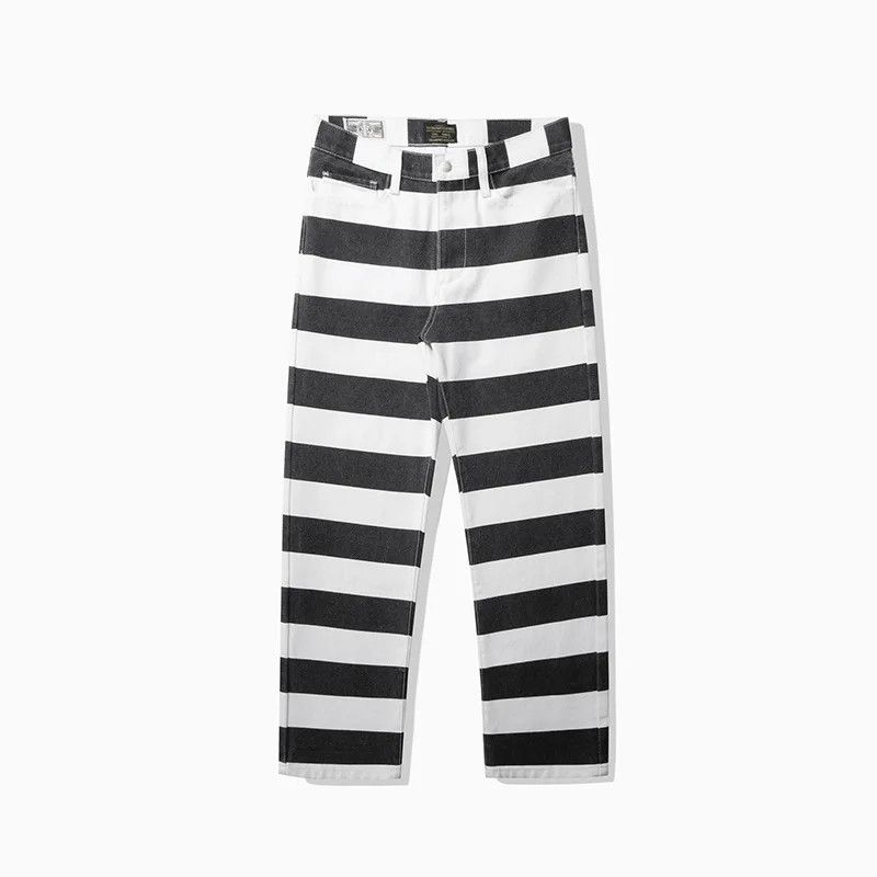 image of Avant Garde Striped Thick Denim Pants Durable in Black/White, Men's (Size 32)