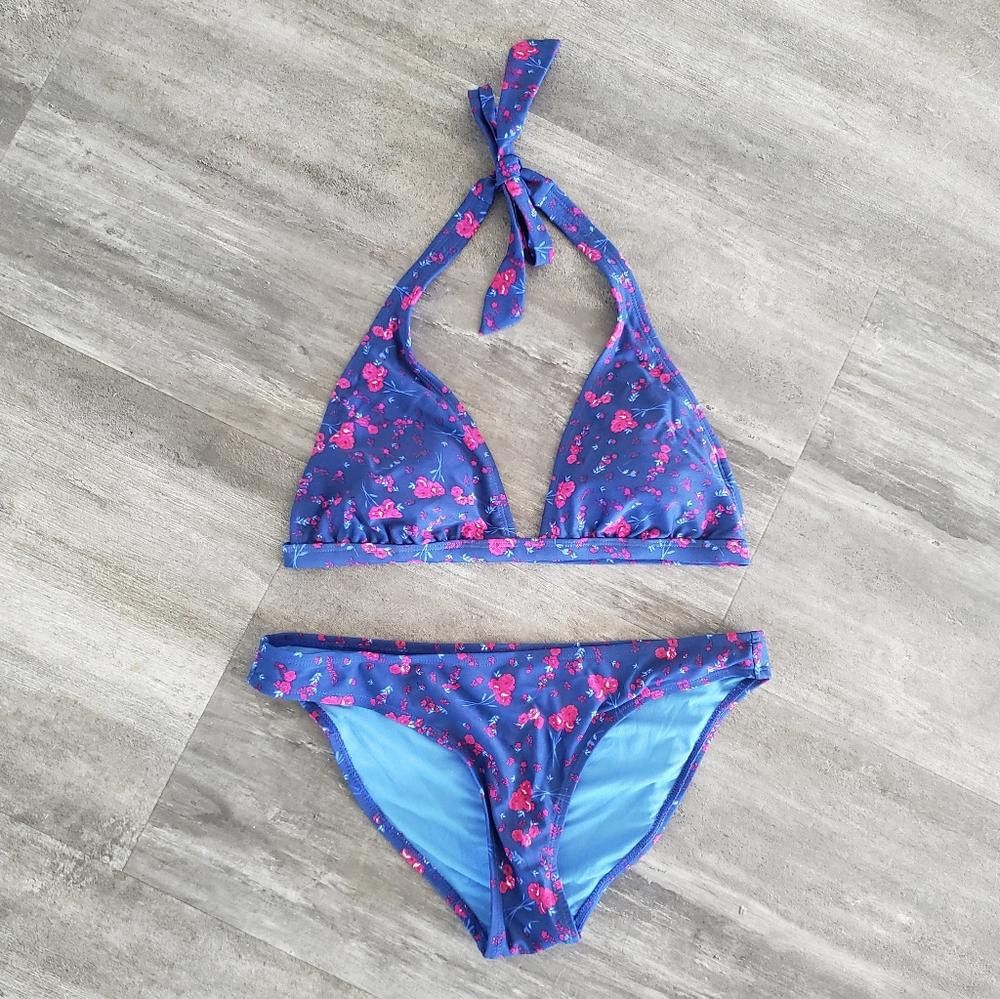 Designer Navy Pink Floral Swim Bikini Set Size ONE SIZE - 1 Thumbnail
