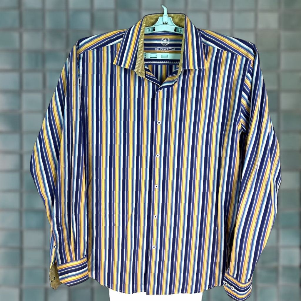 BUGATCHI Bugatchi Uomo Shirt XL Mens Blue Striped Long Sleeve Button-Up Cotton Designer City Classic Mens Size US XL / EU 56 / 4 - 1 Thumbnail