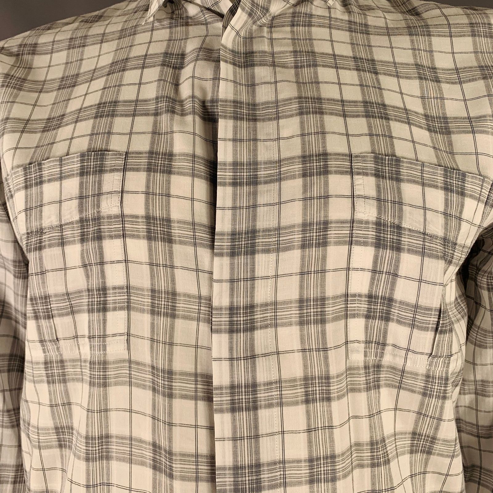 Dior L White Grey Plaid Cotton Button Up Long Sleeve Shirt Size US L / EU 52-54 / 3 - 2 Thumbnail