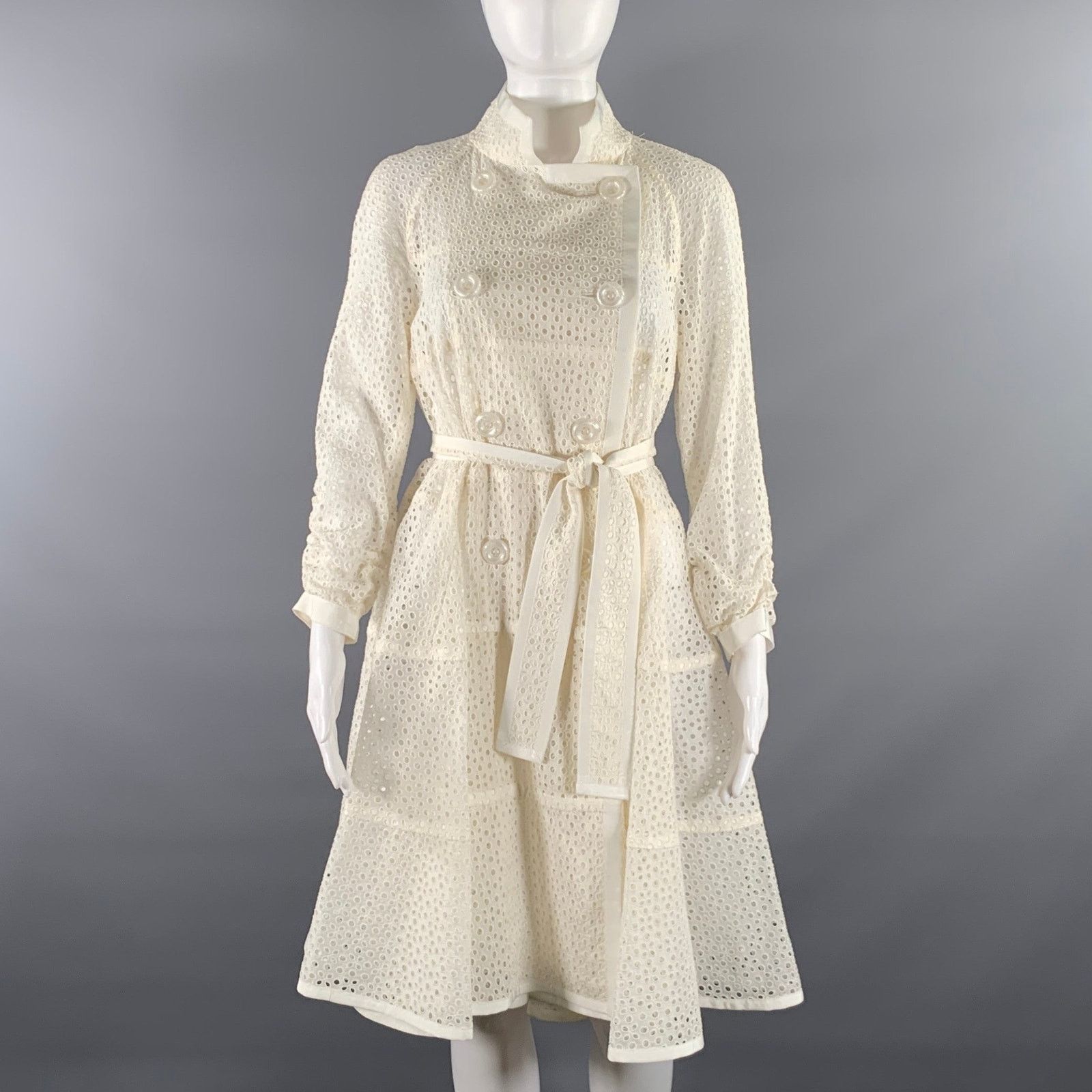SACAI M Off White Beige Wool Blend Perforated Trench Coat