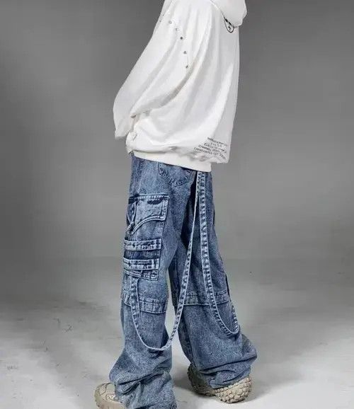 Japanese Brand × Jean Heavy washed street style long strap wide leg jeans Size US 32 / EU 48 - 3 Thumbnail