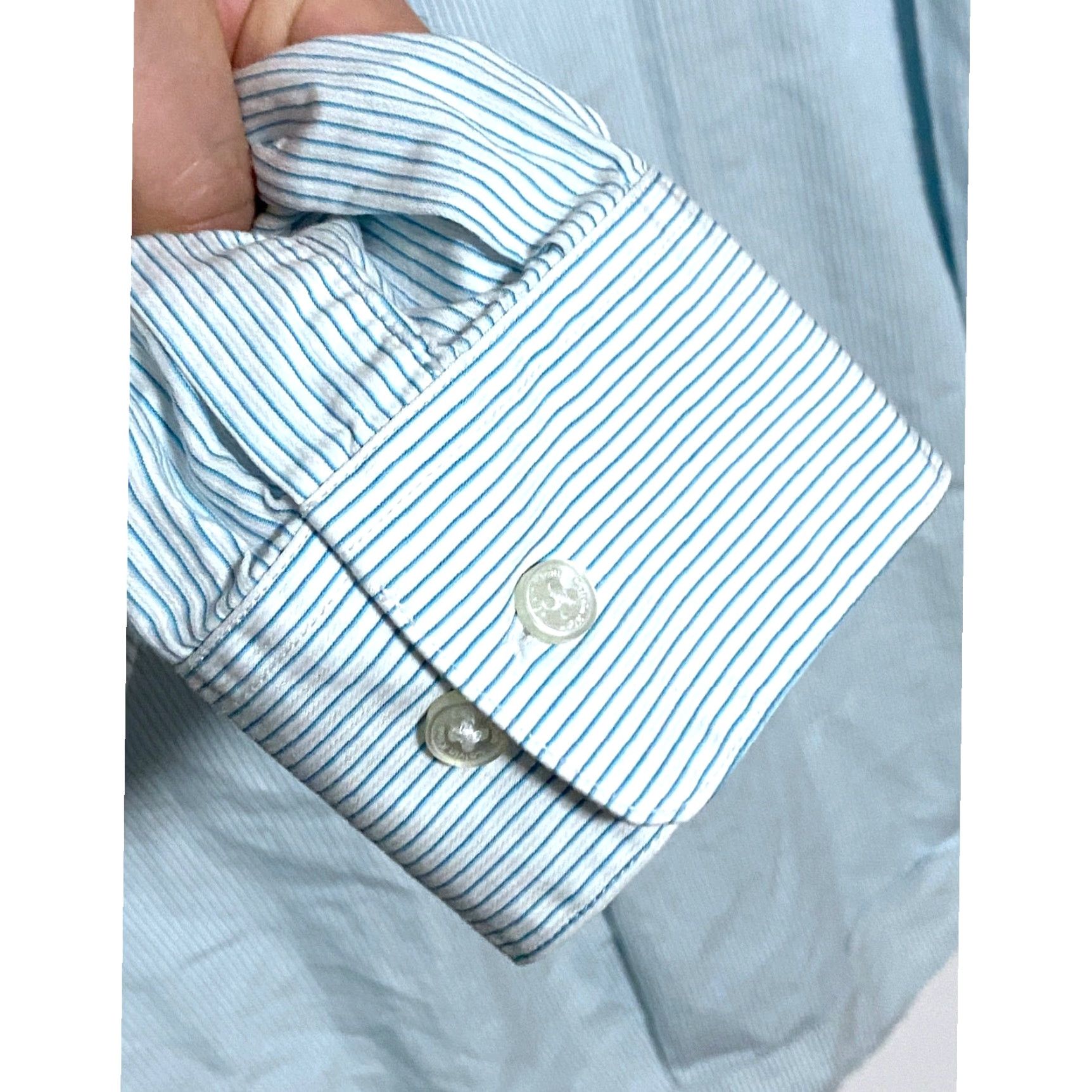 Calvin Klein Calvin Klein Dress Shirt Mens 16.5 34-35 Regular Fit Striped Blue Seersucker Long Sleeve Button Cuff White 100% Cotton Size 46R - 5 Thumbnail