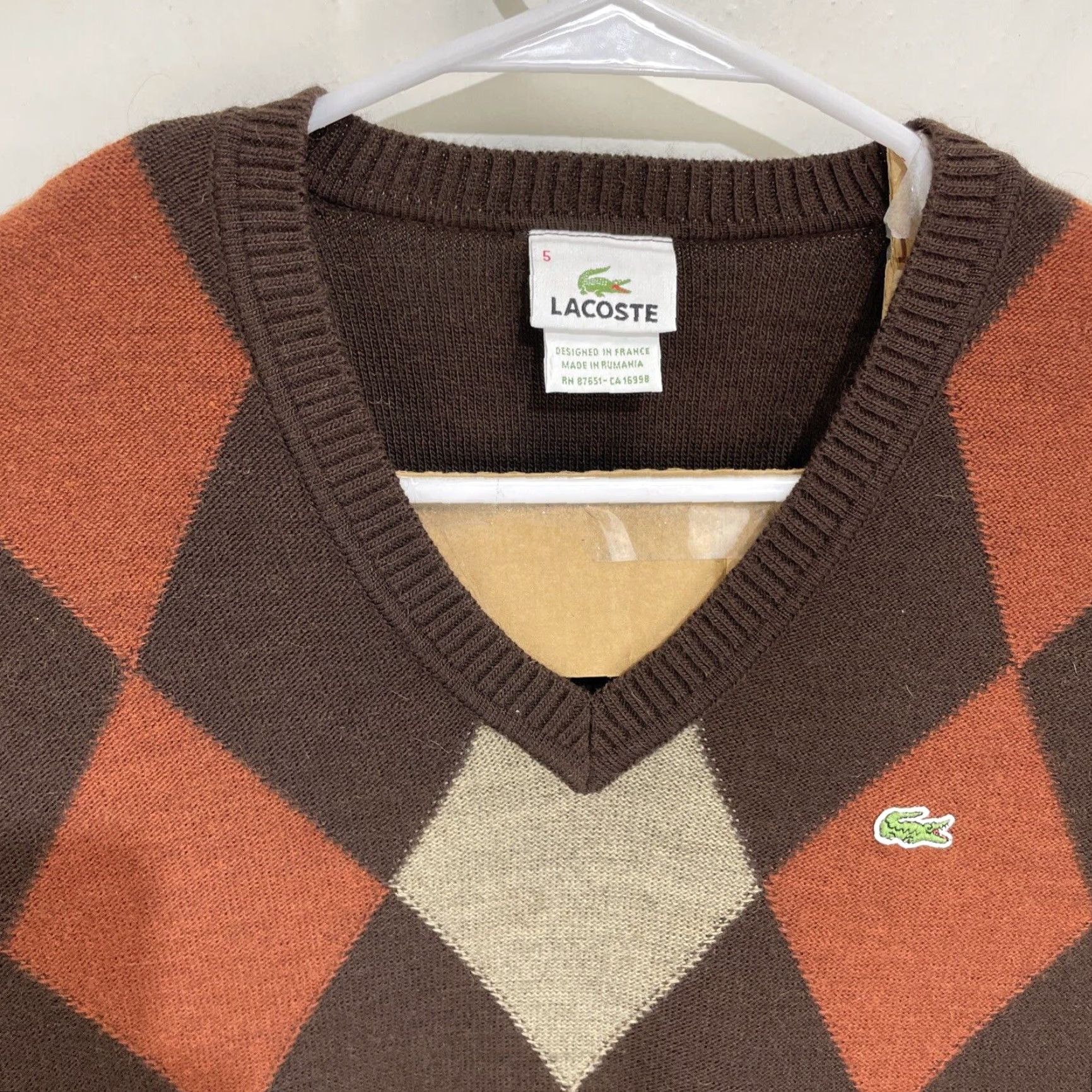 Lacoste Lacoste Sweater Mens Large V-Neck Argyle Brown Gray Wool Alpaca Pullover Knit Size US L / EU 52-54 / 3 - 3 Thumbnail