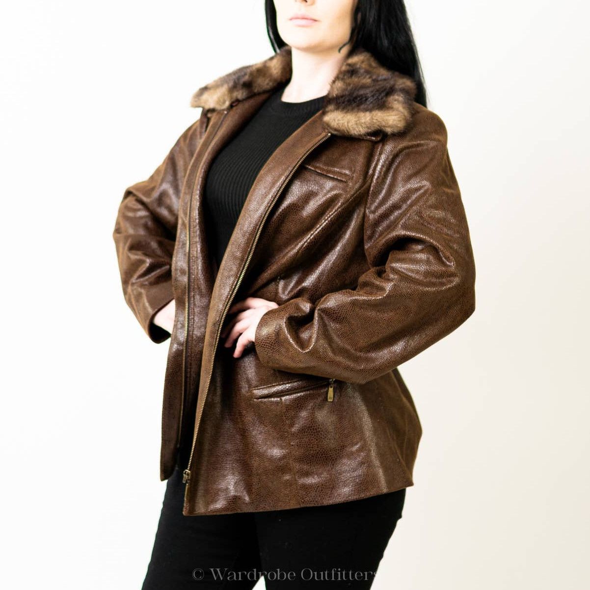Designer Peter Nygard Brown Faux Alligator Print Fur Collared Jacket Size L / US 10 / IT 46 - 3 Thumbnail
