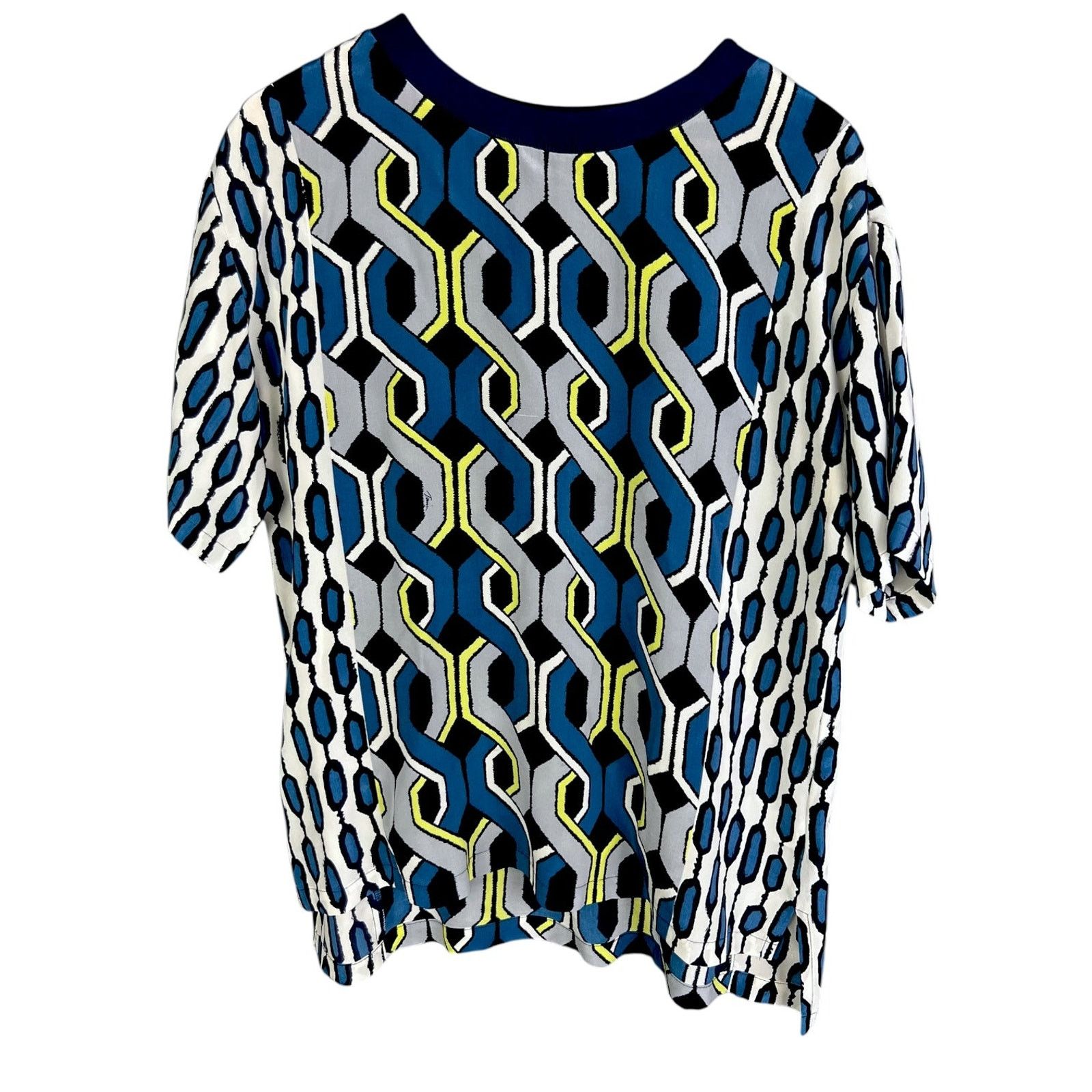 Trina Turk Trina Turk Geometry Pattern Blue Silk Blouse- L -$248 Retail Size L / US 10 / IT 46 - 1 Thumbnail
