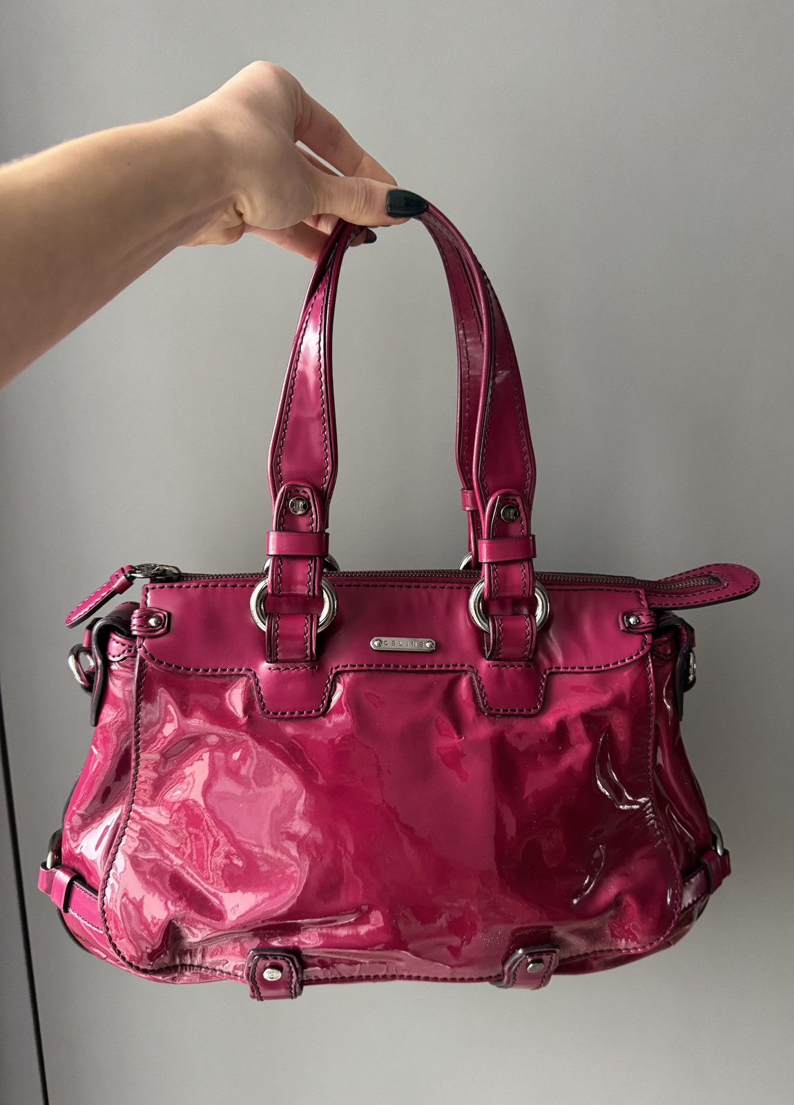 Celine Vintage Celine Pink Patent Leather Vinyl Handbag Size ONE SIZE - 1 Thumbnail