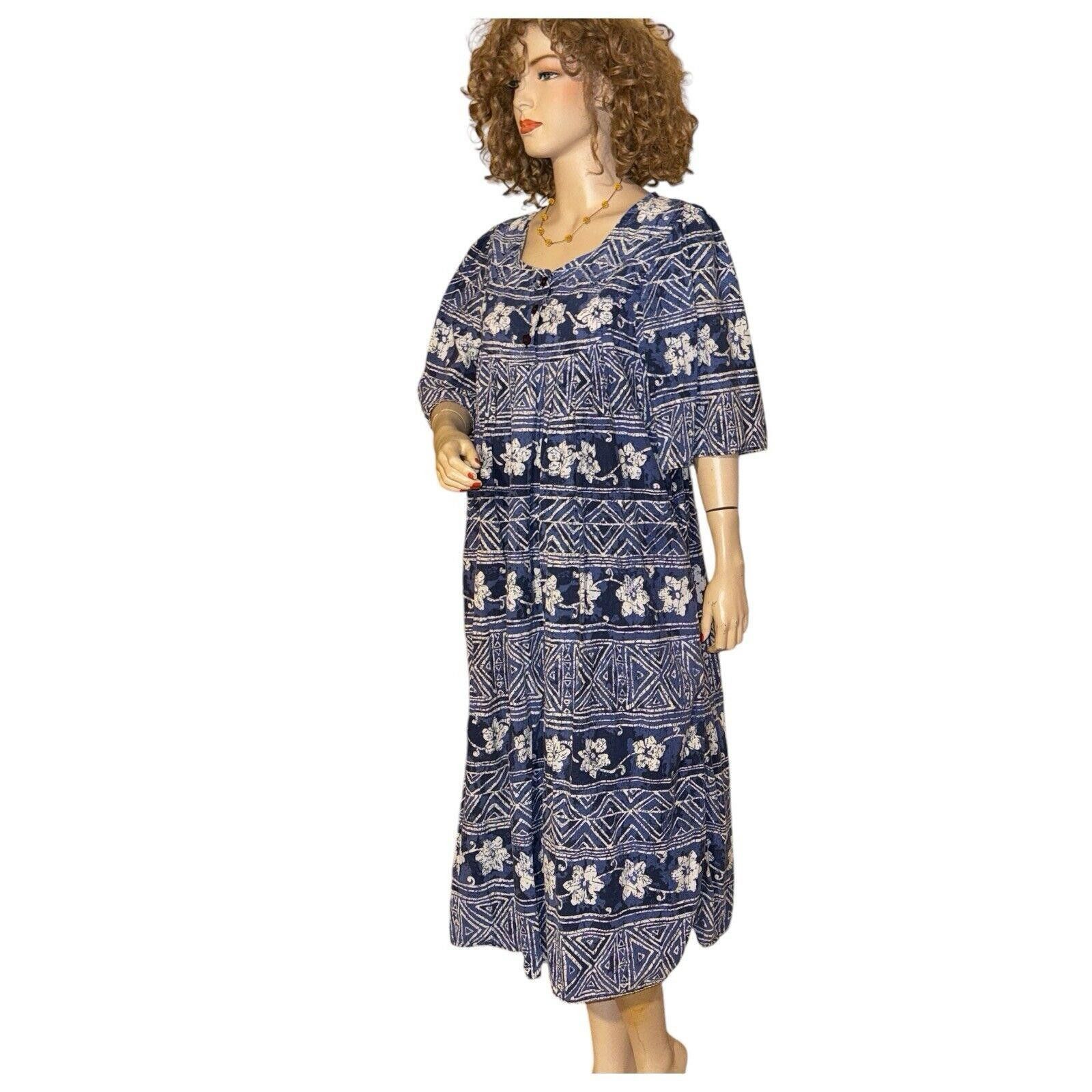 Designer Vintage Laurel Rose Blue Ikat Muumuu Patio House Dress 1X Size XL / US 12-14 / IT 48-50 - 2 Thumbnail