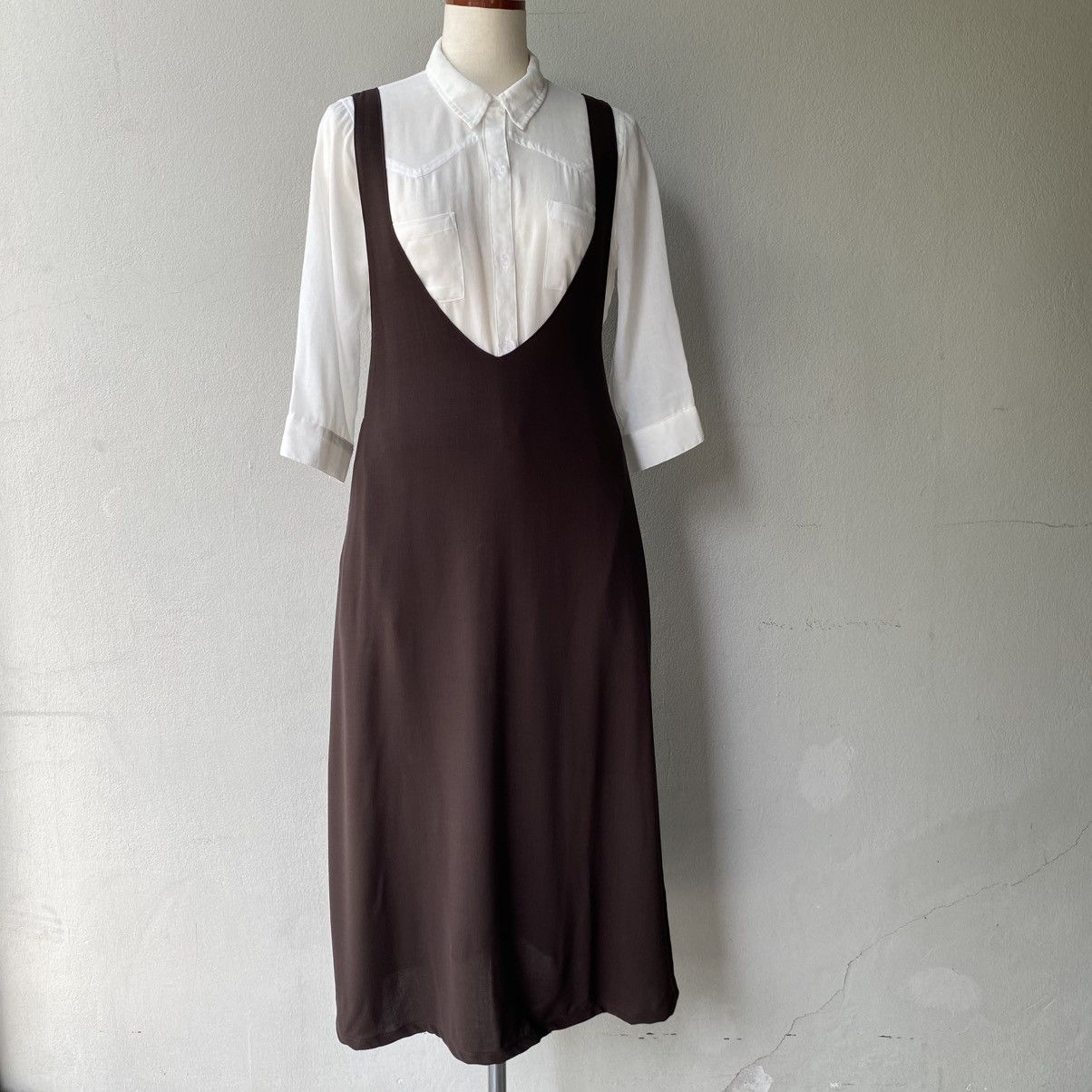 Y's Y’s Brown Deep V-Neck Sleeveless Midi Dress Size M / US 6-8 / IT 42-44 - 2 Thumbnail