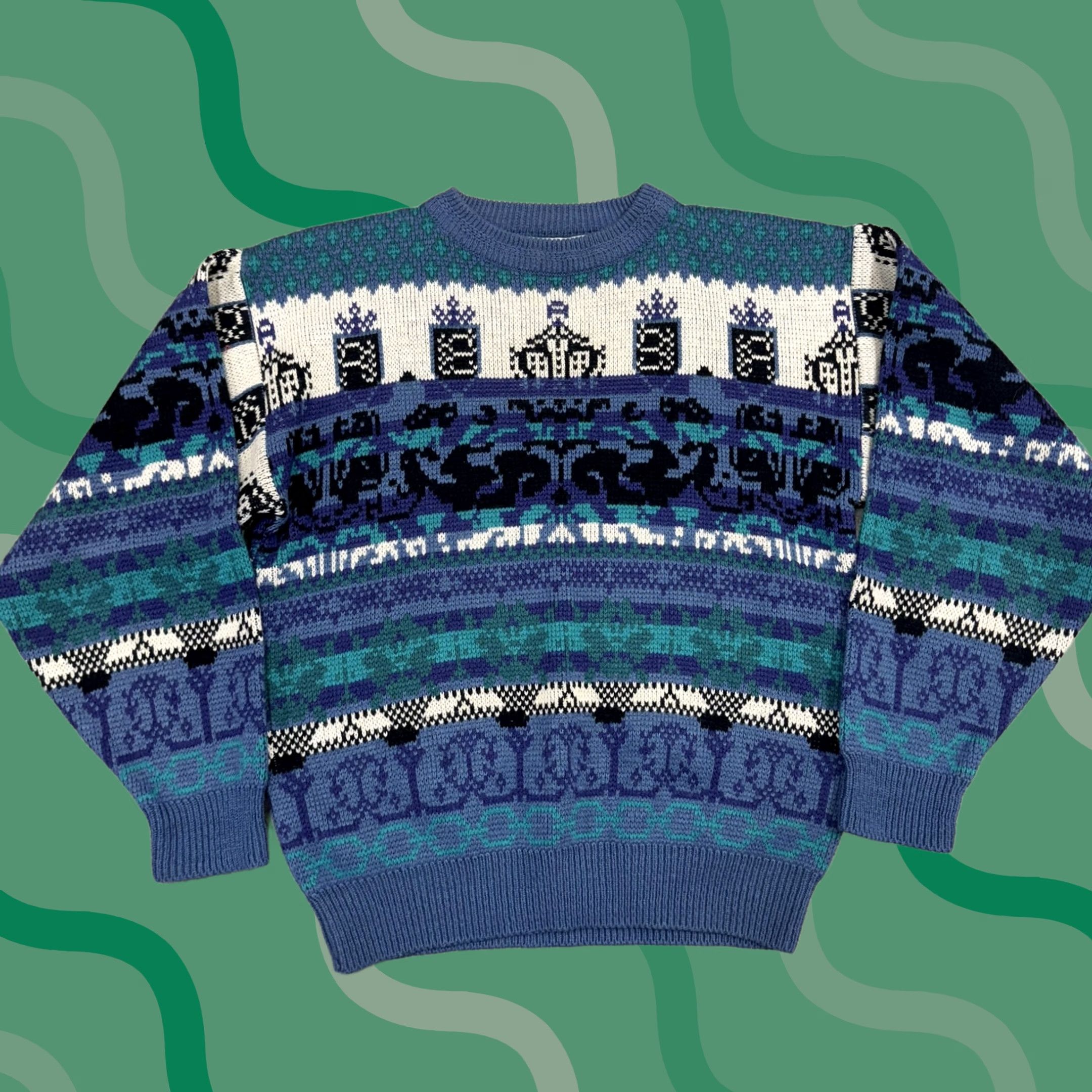 Saturdays NYC Vintage Saturdays Sweater Mens Medium Blue Teal Acrylic Knit Pattern 80s Retro Graphic Print Crew Neck Pullover Size US M / EU 48-50 / 2 - 1 Thumbnail