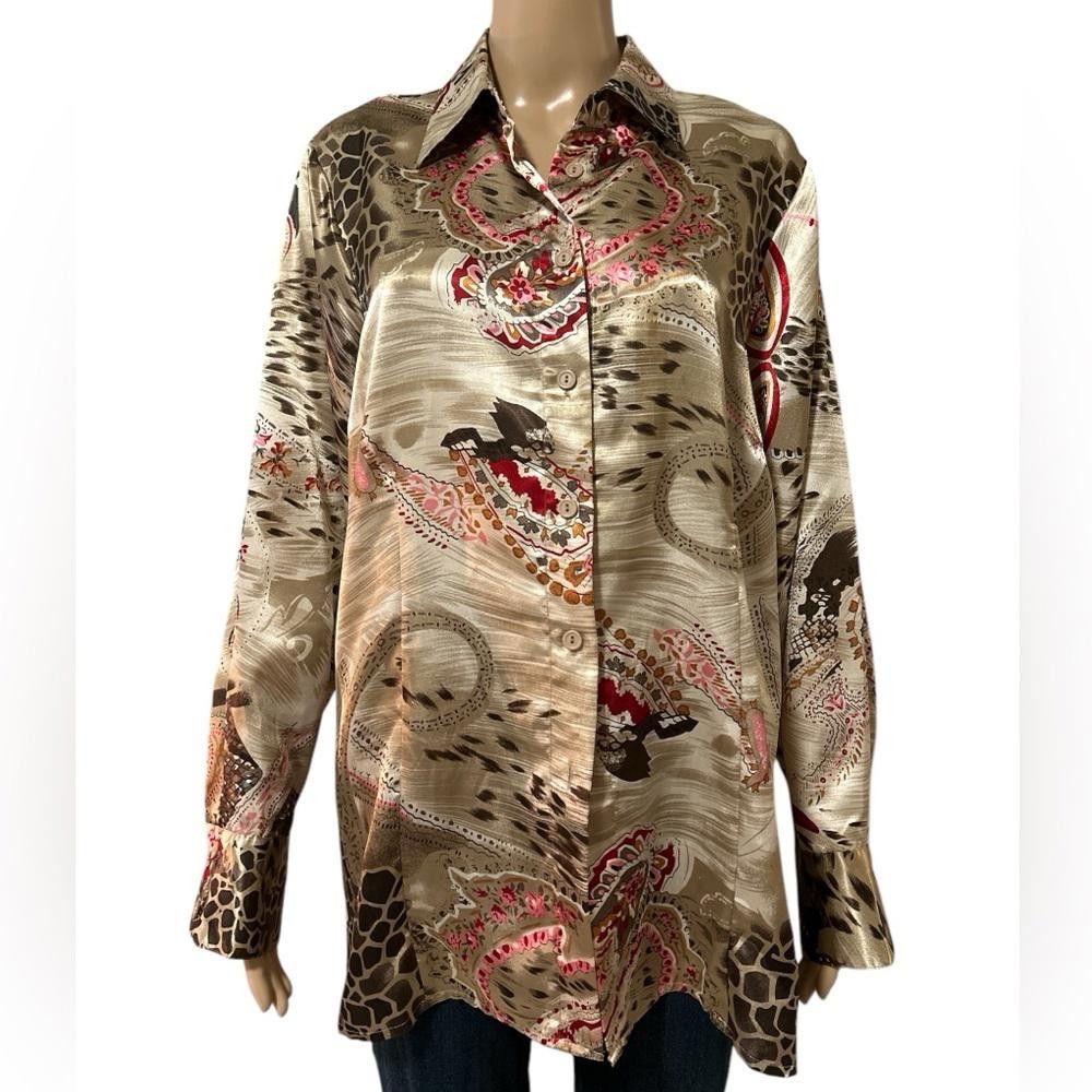 Designer Elegant Silk-Blend Printed Blouse with Detailed Patterns Size XL / US 12-14 / IT 48-50 - 2 Thumbnail