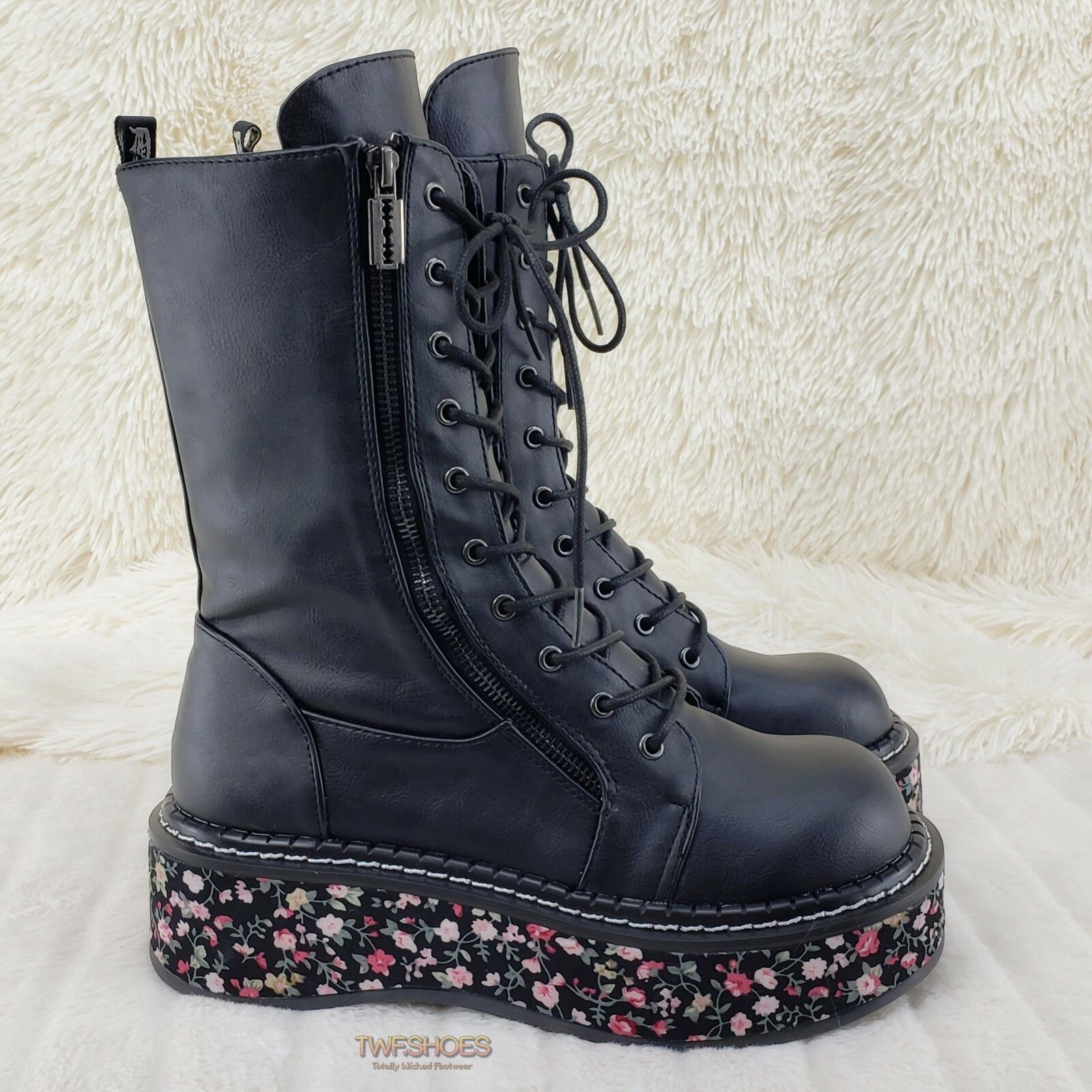 Other DEMONIA Emily 350 Black Matte Floral 2" Platform Combat Boot Size US 10 / IT 40 - 6 Thumbnail