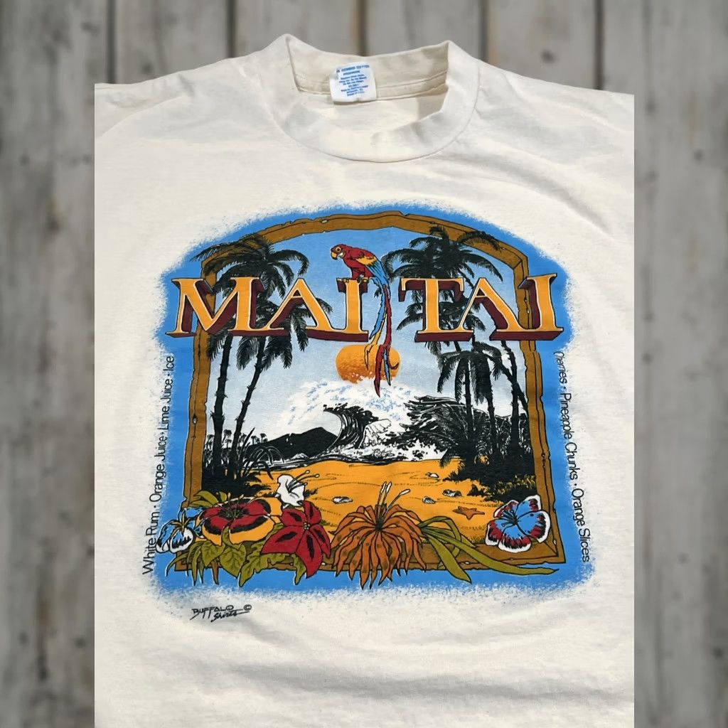 Vintage VINTAGE Mai Tai Recipe T Shirt XL Bright Graphics Buffalo Tag 1990s White Cotton Mens Size US XL / EU 56 / 4 - 1 Thumbnail