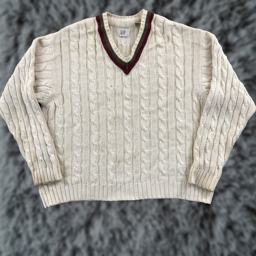 Gap VINTAGE Gap Sweater Mens 2XL Ivory Cable-Knit V Neck 90s Classic Preppy Size US XXL / EU 58 / 5 - 1 Thumbnail