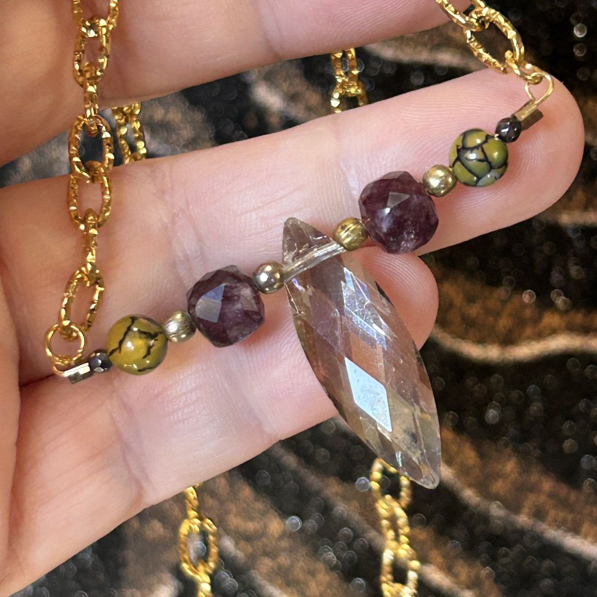 Handmade Handcrafted rutilated quartz glass stone beaded bar necklace Size ONE SIZE - 5 Thumbnail