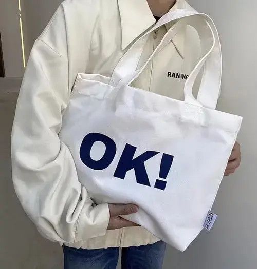 Japanese Brand Retro y2k unisex “OK!” canvas shoulder tote bag aesthetic Size ONE SIZE - 4 Thumbnail