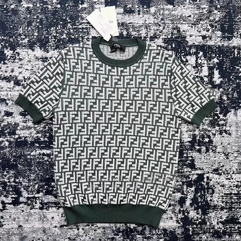 Fendi FF Monogram Printed Short Sleeve Knit Sweater Green