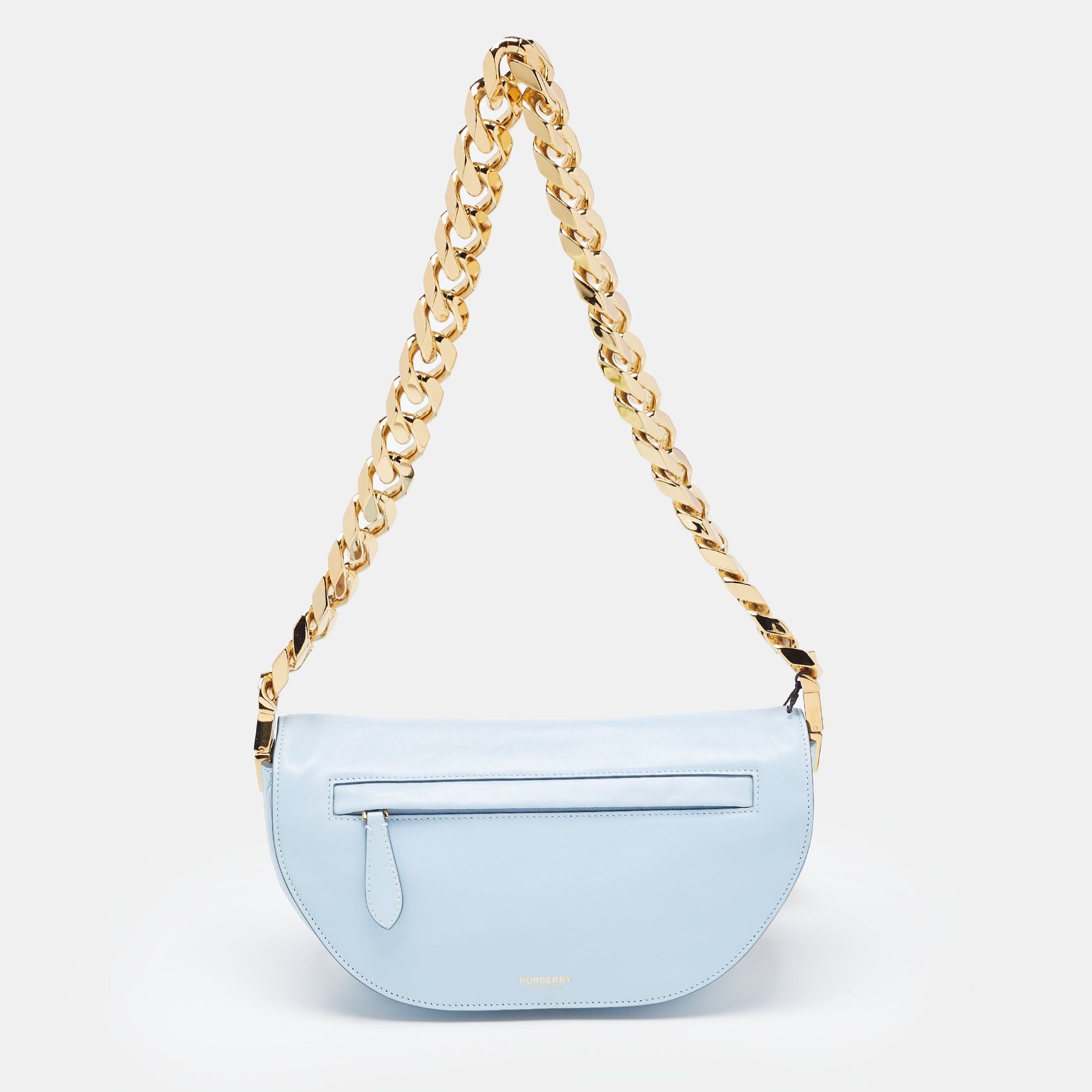 image of Burberry Pale Blue Leather Small Olympia Chain Shoulder Bag, Women's