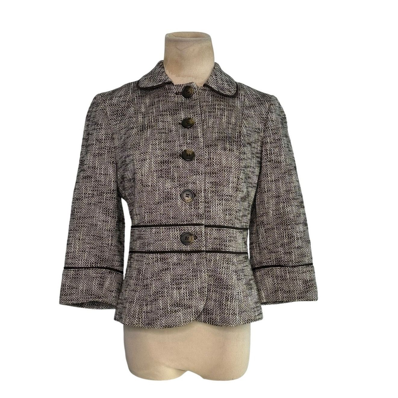 Loft Loft brown tweed 3/4 sleeves buttoned blazer jacket size 4P Size S / US 4 / IT 40 - 1 Thumbnail
