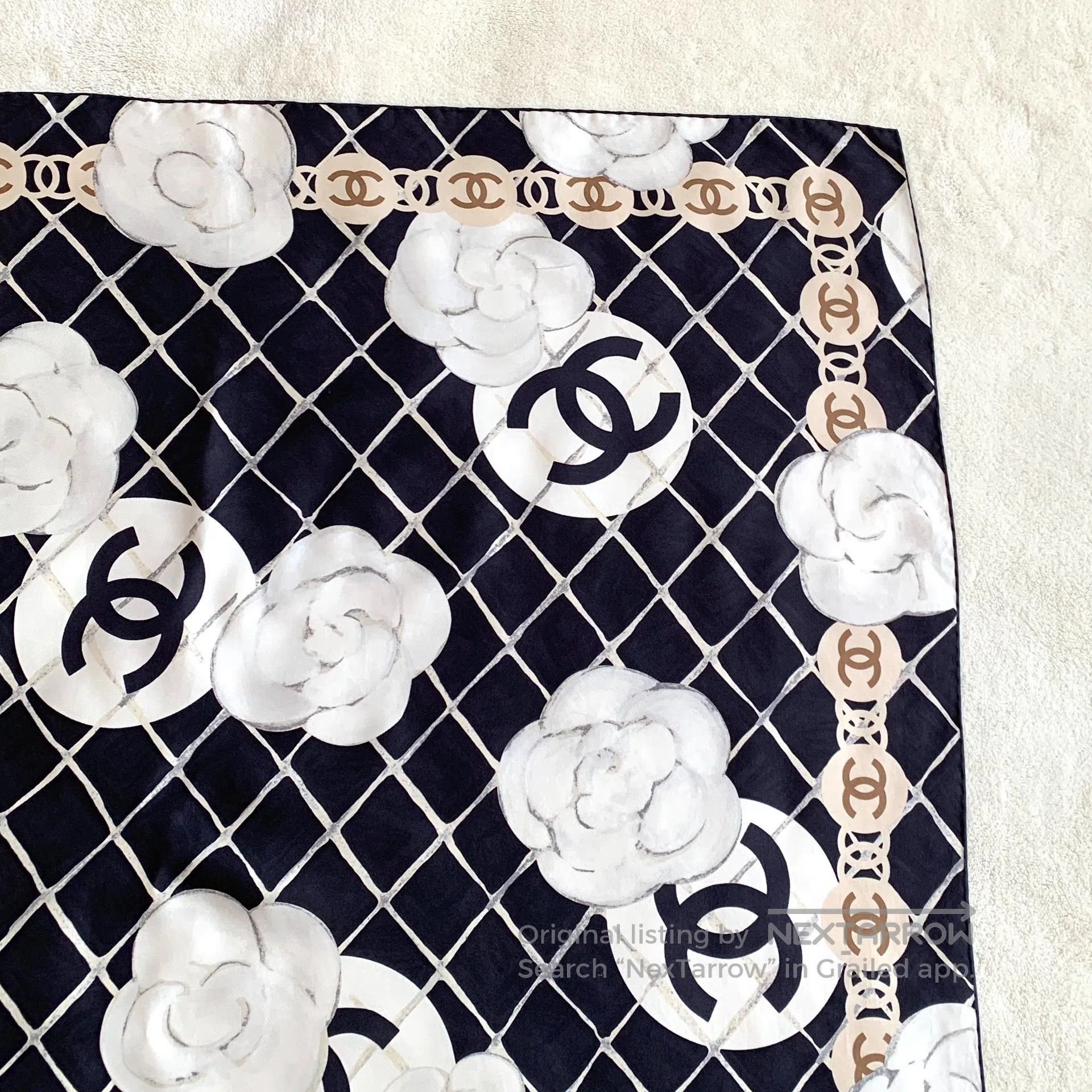 Chanel Chanel Black Diamond Pattern Camellia Printed Silk Scarf| Size ONE SIZE - 4 Thumbnail