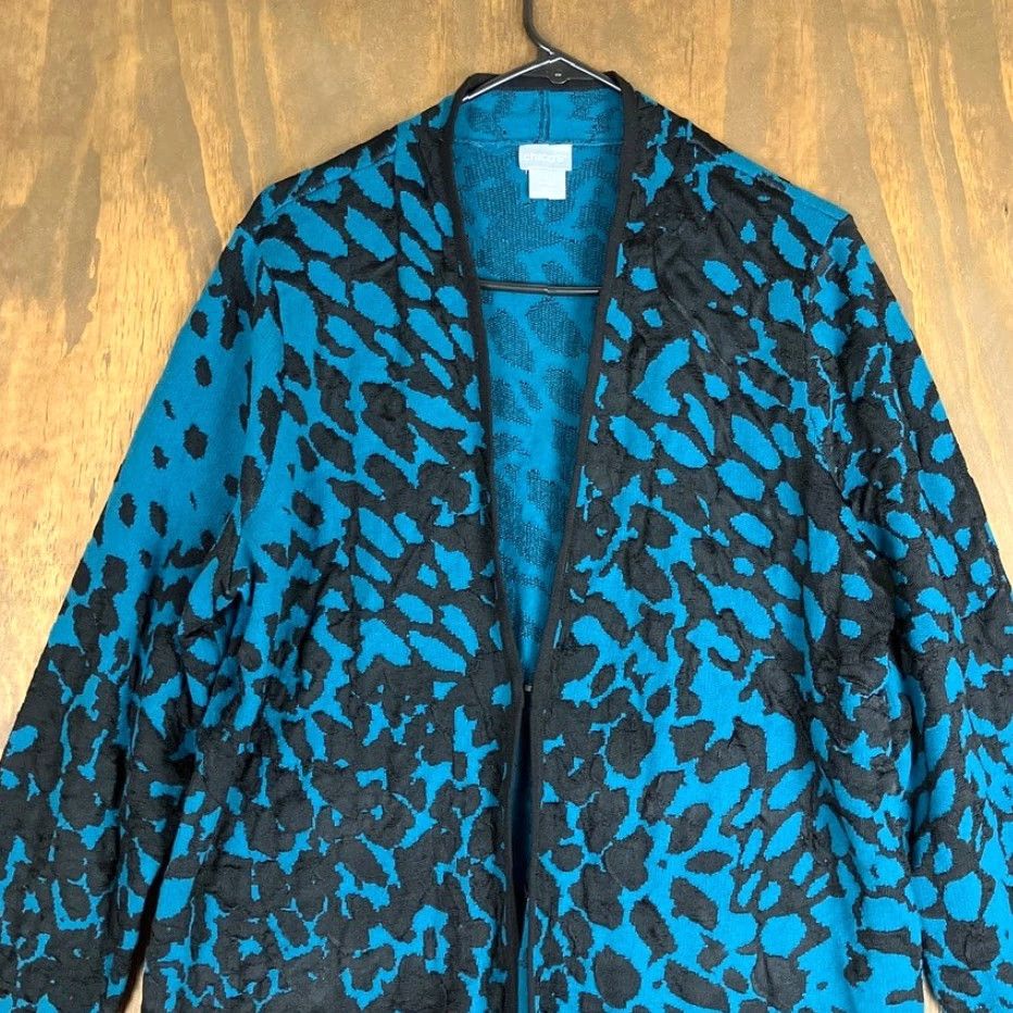 Vintage Chicos Womens Cardigan Sweater Teal Black Knit Open Front Long Sleeve Stretch M Casual Womens Boys Girls? Size M / US 6-8 / IT 42-44 - 2 Thumbnail