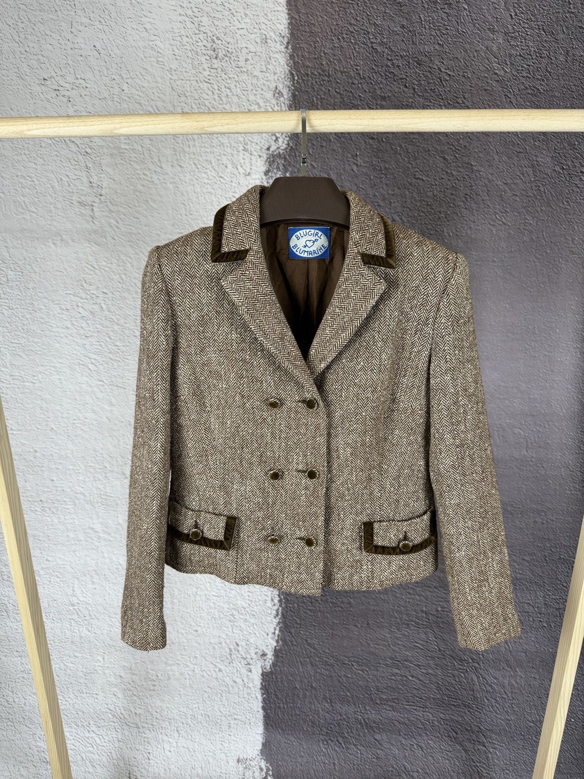 image of Blugirl Blumarine Herringbone Tweed Double-Breasted Blazer in Brown, Women's (Size Medium)