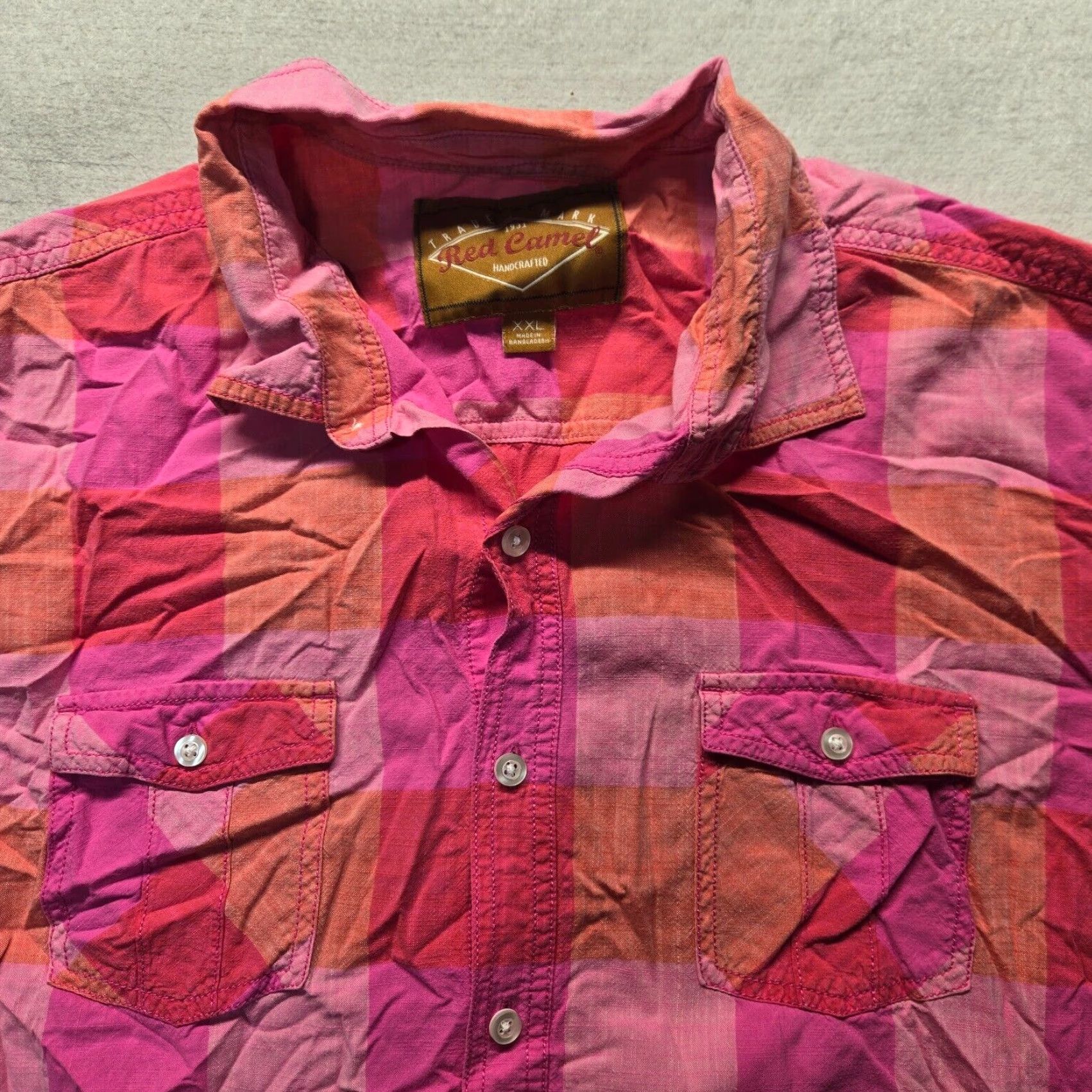 Camel Red Camel Shirt Button-Up 2XL Pink Plaid Cotton Short Sleeve Mens Casual Western-Style Shirt Size US XXL / EU 58 / 5 - 2 Thumbnail