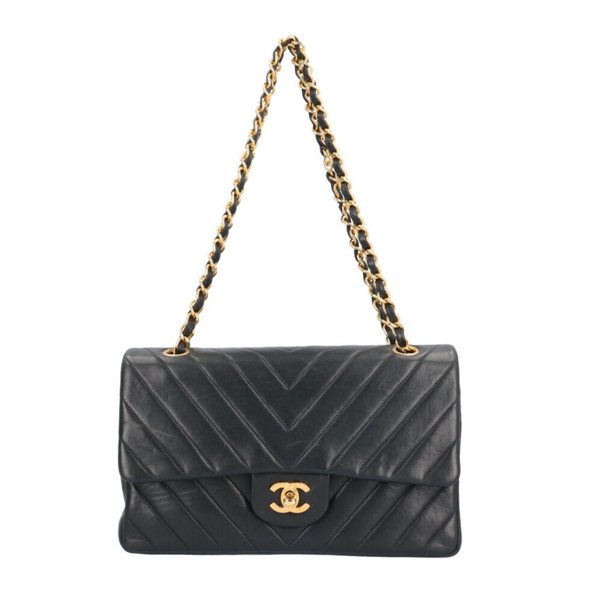 Chanel V-stitch shoulder bag lambskin black ladies CHANEL W flap chain