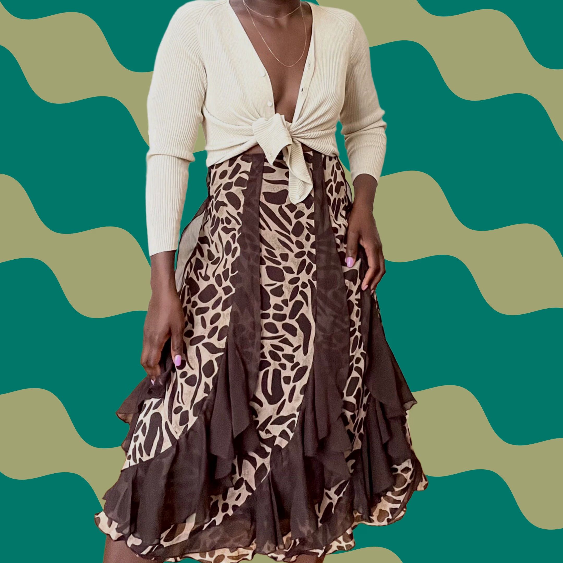 Velvet VINTAGE Midnight Velvet Skirt Woman Maxi Godet Ruffle Animal Print Giraffe Cream/Brown M Womens Long Bohemian Safari Size 32" / US 10 / IT 46 - 1 Thumbnail