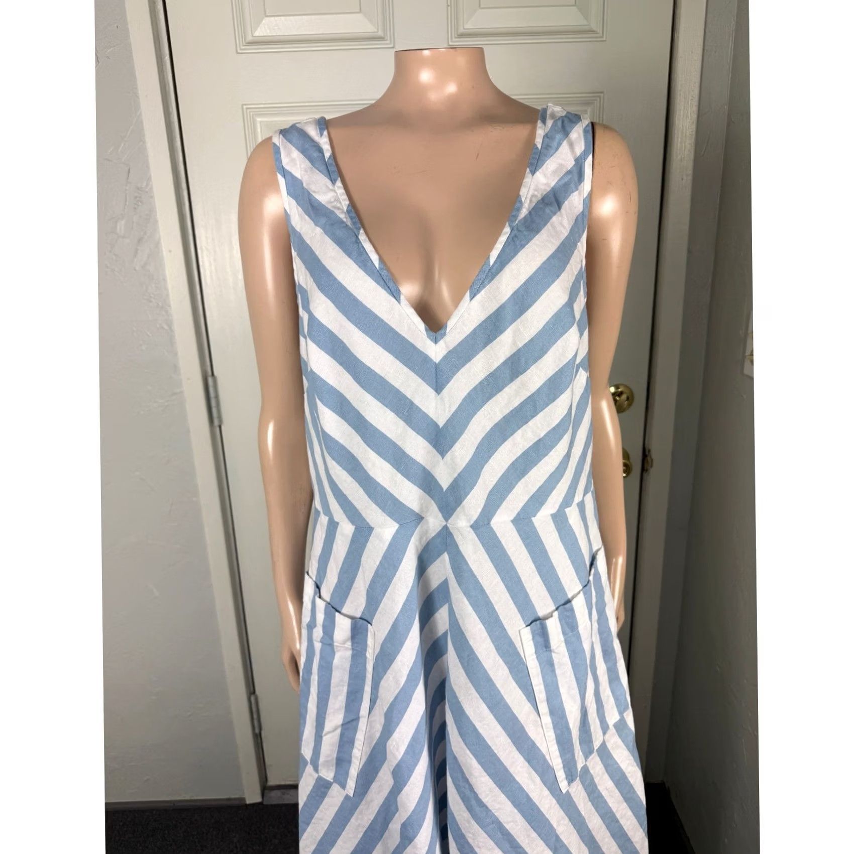 Vintage Kate Spade New York Women's Dress 14 Blue Pockets Striped Fit & Flare Party/Cocktail Sleeveless Short 100% Cotton Size XL / US 12-14 / IT 48-50 - 2 Thumbnail