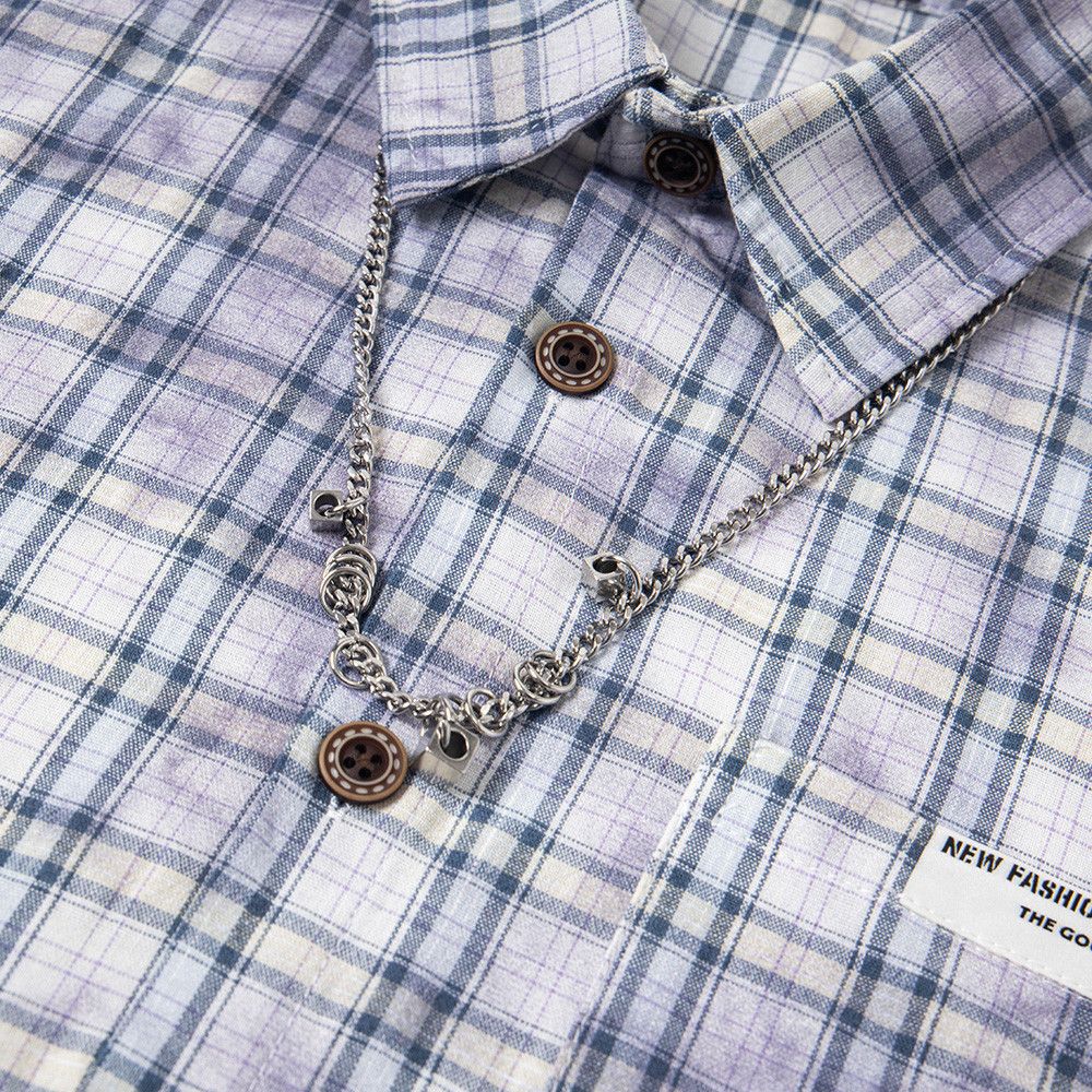 Japanese Brand × Vintage Men's high street trend metal chain tie-dye plaid shirt Size US L / EU 52-54 / 3 - 5 Thumbnail