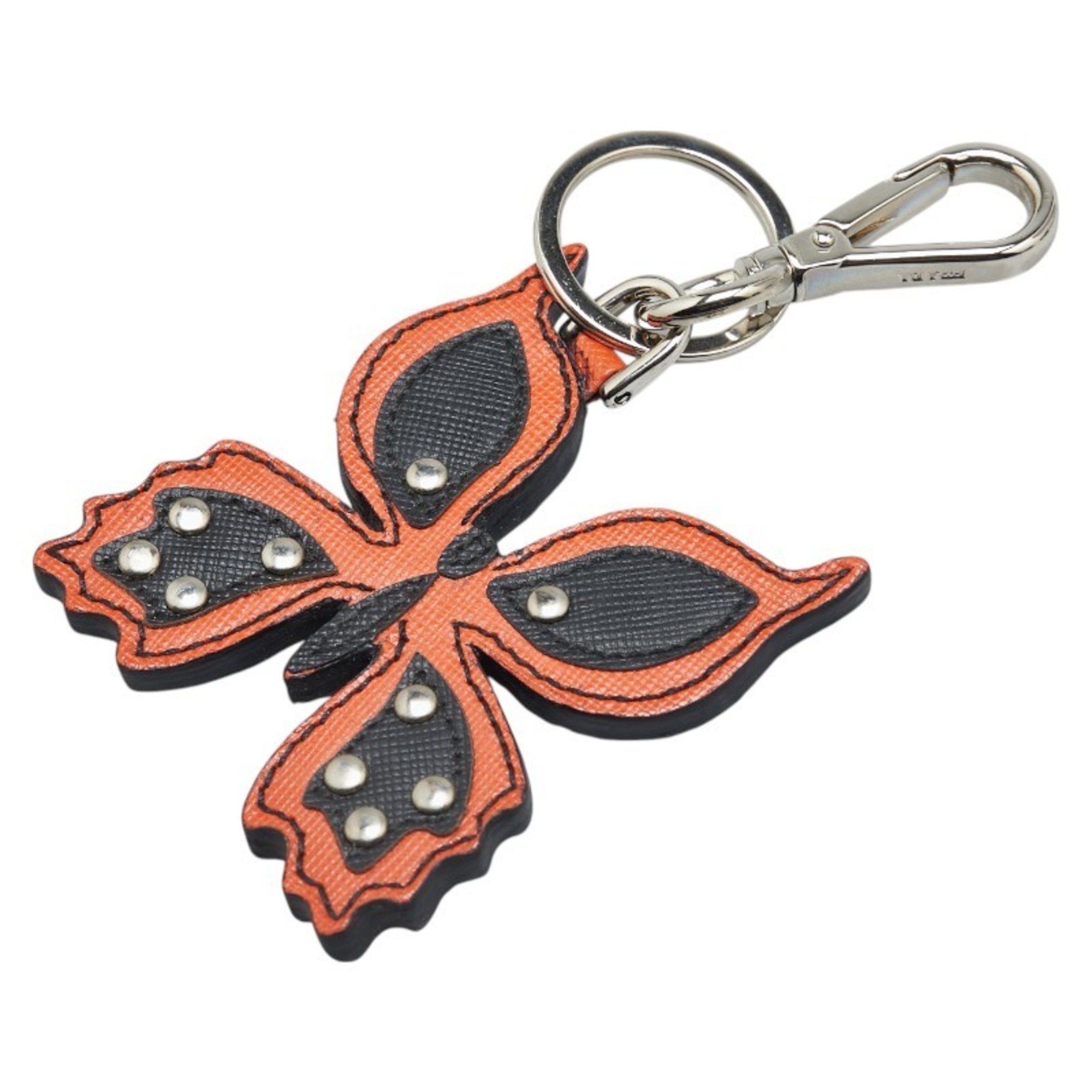 Prada Butterfly Motif Keychain Key Ring in Orange, Black, Silver