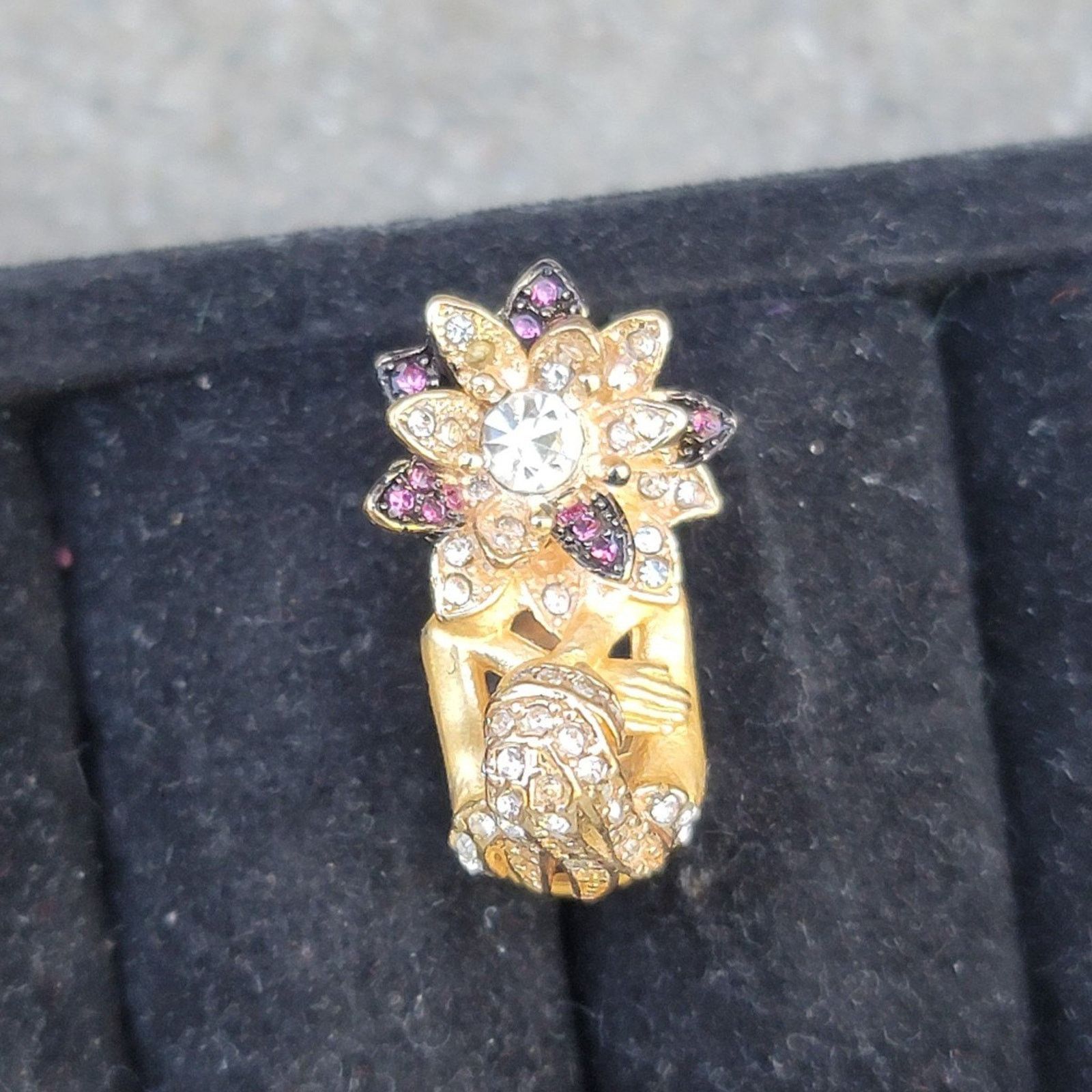 The Unbranded Brand Gold Tone Girl Flower Rhinestone Ring Size ONE SIZE - 7 Thumbnail