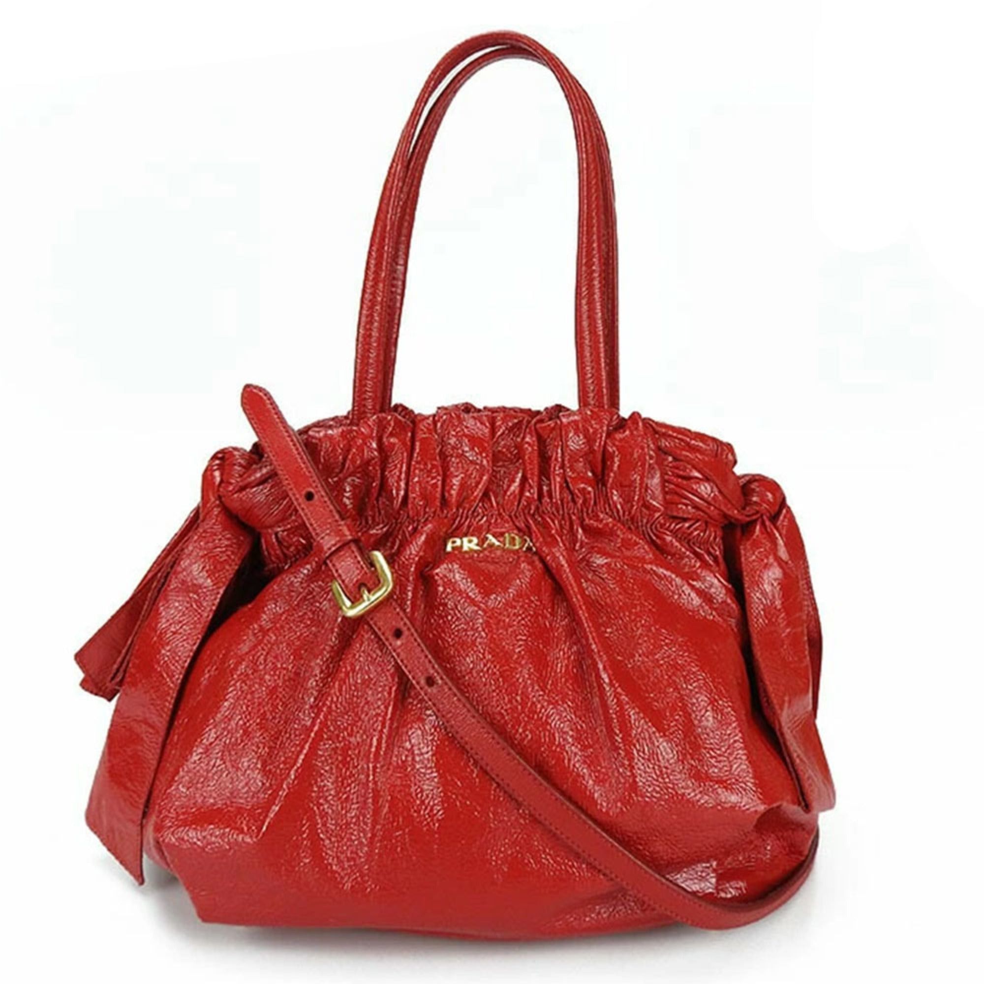 image of Prada Handbag Shoulder Strap Patent Enamel Ribbon Red Ladies Hand Bag, Women's