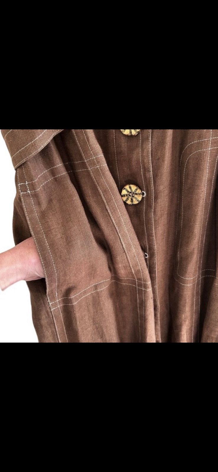 Vintage Vtg Francesca Mammoliti Brown Linen Button Down Pocket Dress Size L / US 10 / IT 46 - 4 Thumbnail