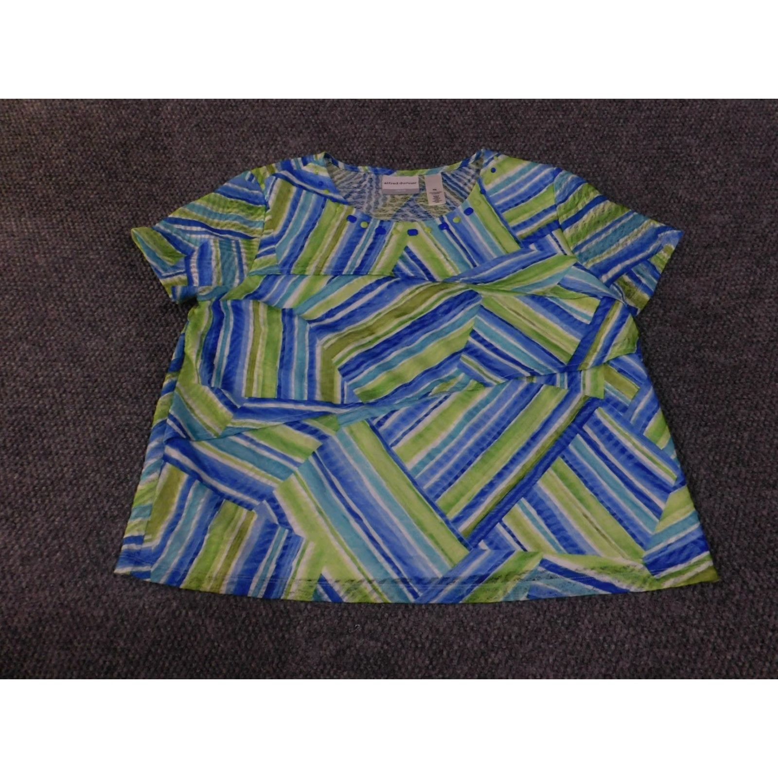 Vintage Alfred Dunner Shirt Womens PXL Blue Green Stripe Print Short Sleeve Beaded Neckline Petite Blouse Size XL / US 12-14 / IT 48-50 - 3 Thumbnail