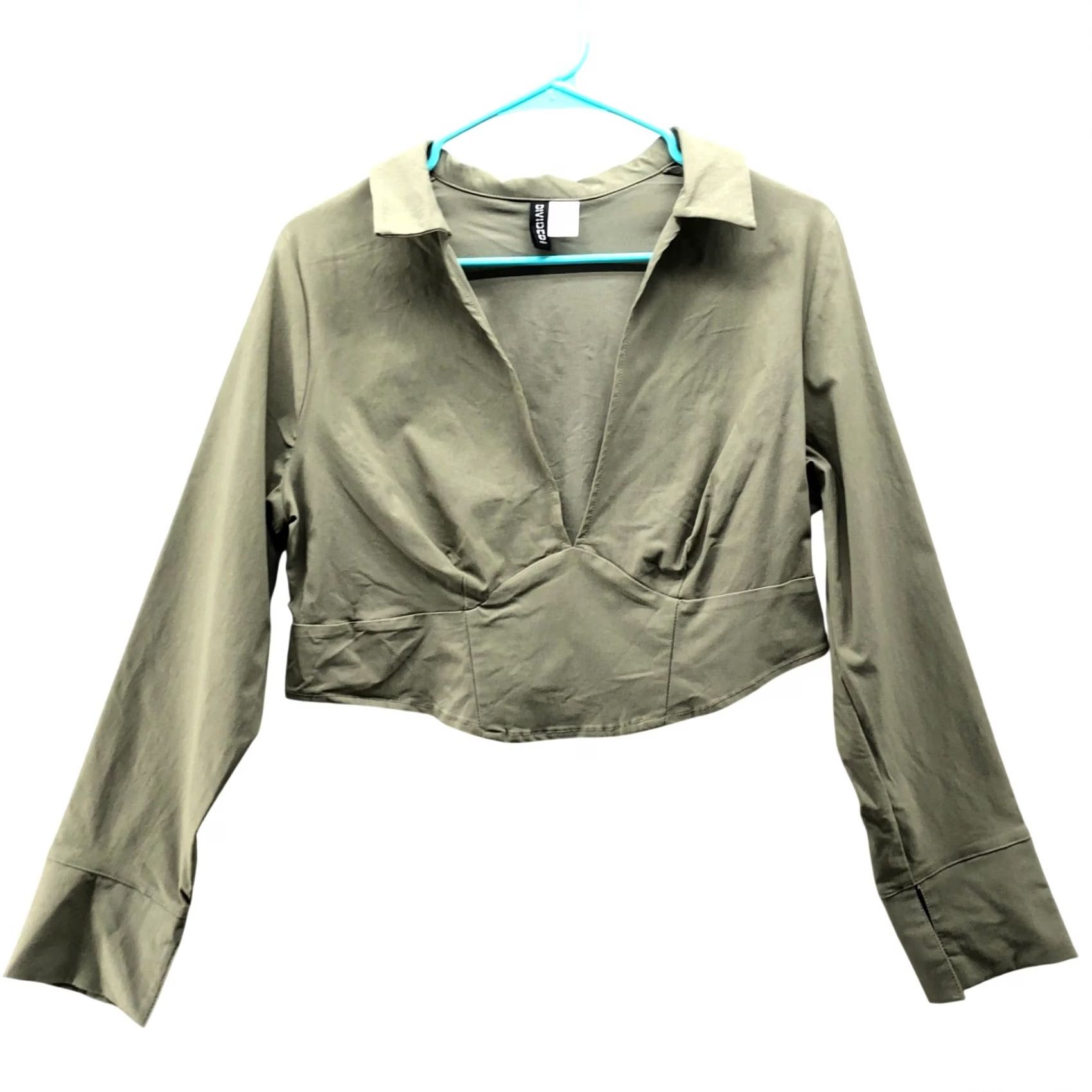 H&M H&M Corset Style Deep V-Neck Crop Shirt Womens XL Green Long Sleeve Collared Size XL / US 12-14 / IT 48-50 - 2 Thumbnail