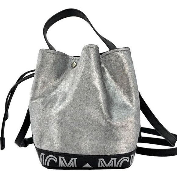 MCM MCM Metallic Calfskin Studded Bucket Bag Silver Black Size ONE SIZE - 1 Thumbnail