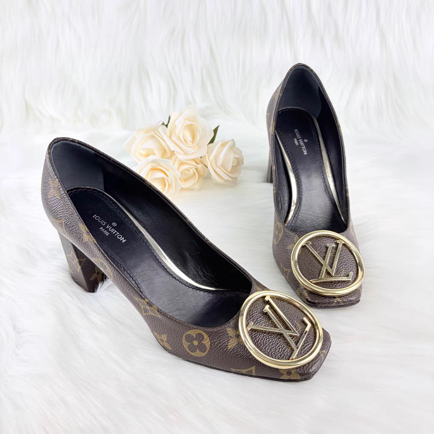 Louis Vuitton Louis Vuitton Dark Brown Monogram Logo Block Heel Pumps K15 Size US 6.5 / IT 36.5 - 8 Thumbnail