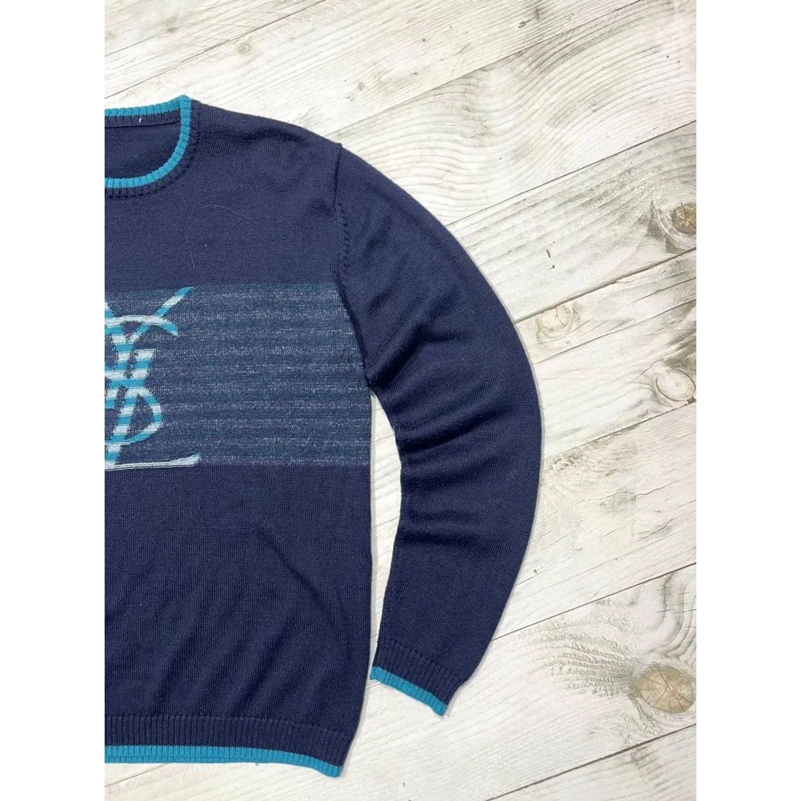 Yves Saint Laurent VINTAGE Saint Laurent Sweater Wool Big Logo YSL Luxury Men Size L Blue Pullover Crew Neck Knit Logo 90s Size US L / EU 52-54 / 3 - 3 Thumbnail