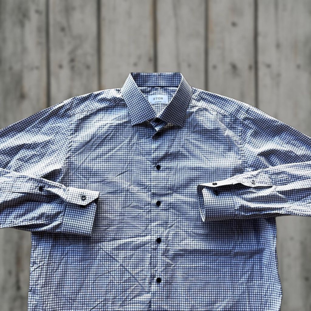 Eton Eton Shirt Mens 44 White Cotton Button-Up Gingham Check Dress Shirt Formal Business Casual Designer Classic Size 44R - 1 Thumbnail