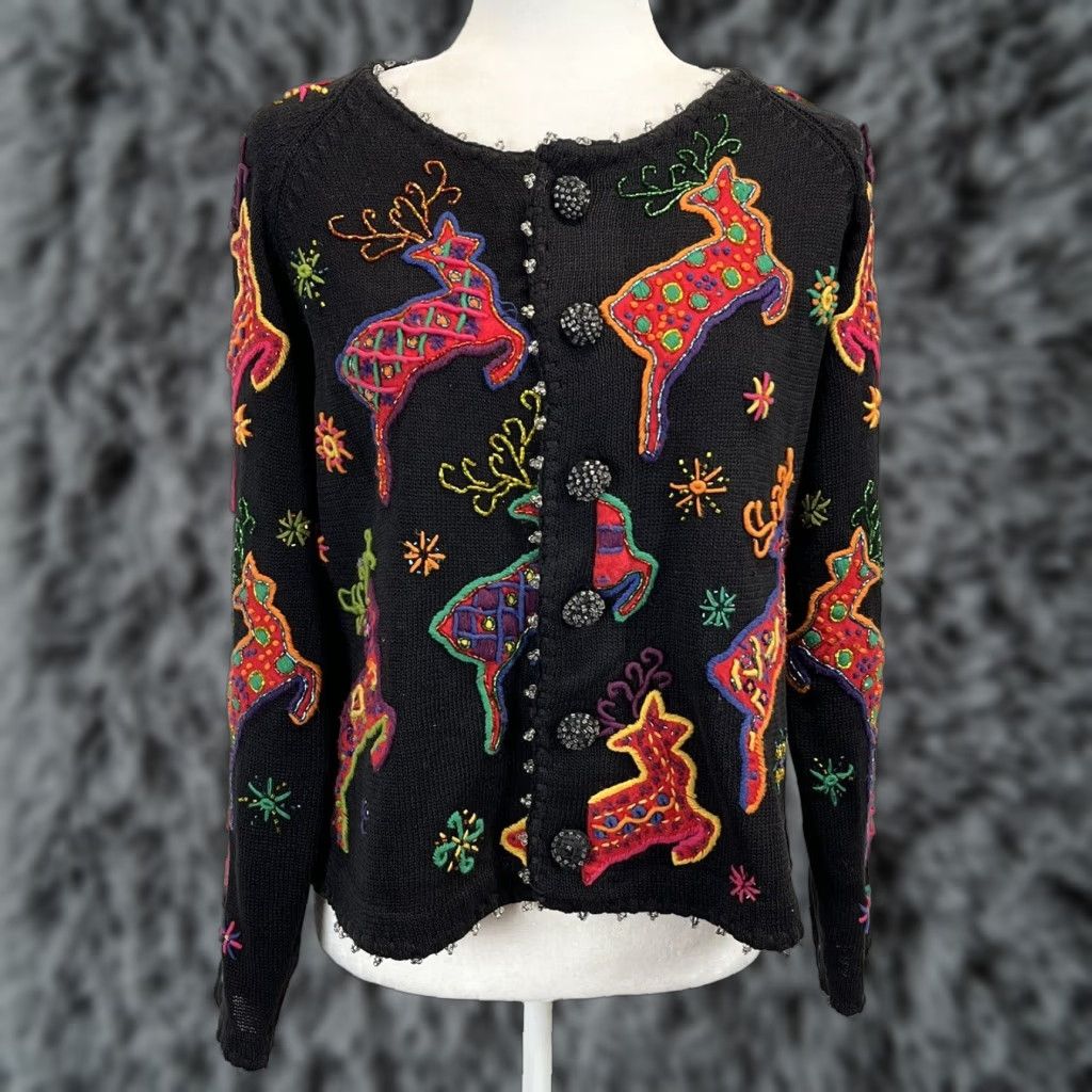 Simons VINTAGE Michael Simon Christmas Reindeer Cardigan Sweater Sz 1 Womens Black Knit Beaded Size XS / US 0-2 / IT 36-38 - 1 Thumbnail